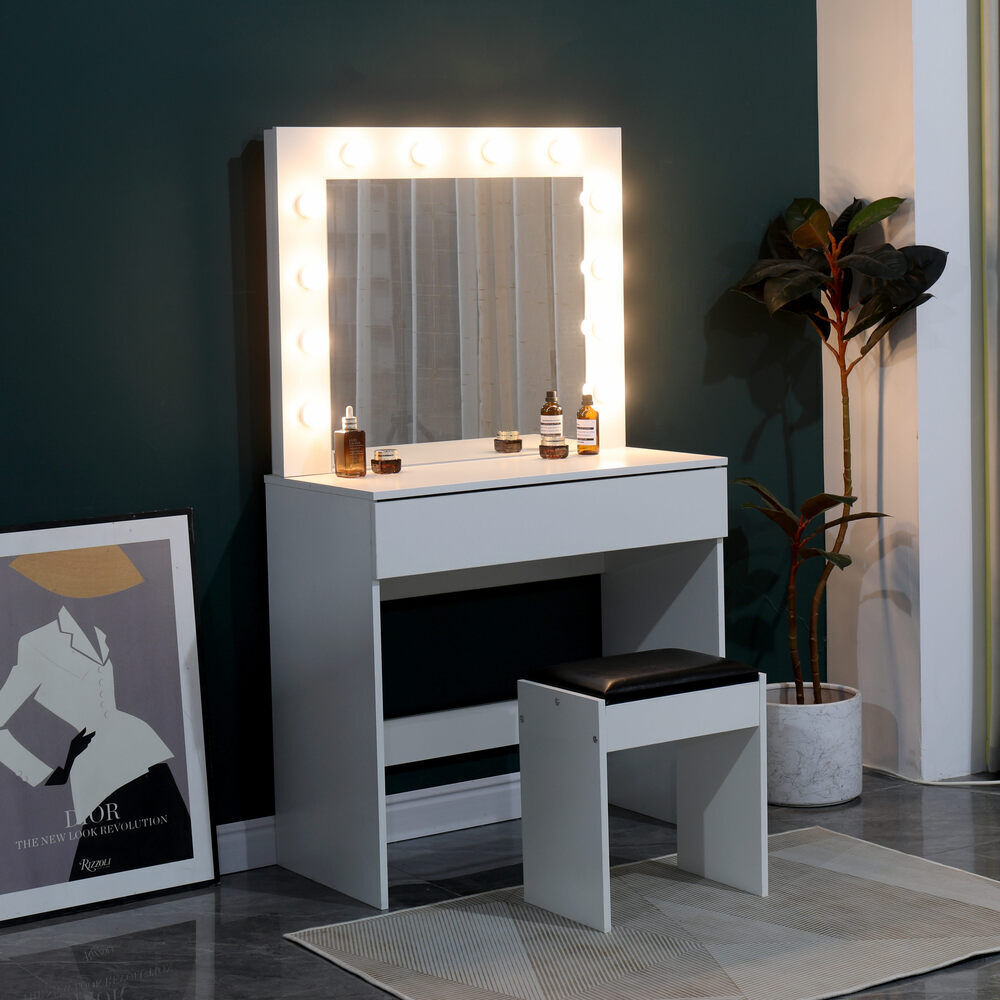 Dressing Table with LED Mirror Modern Makeup Desk Vanity Table Set + Stool