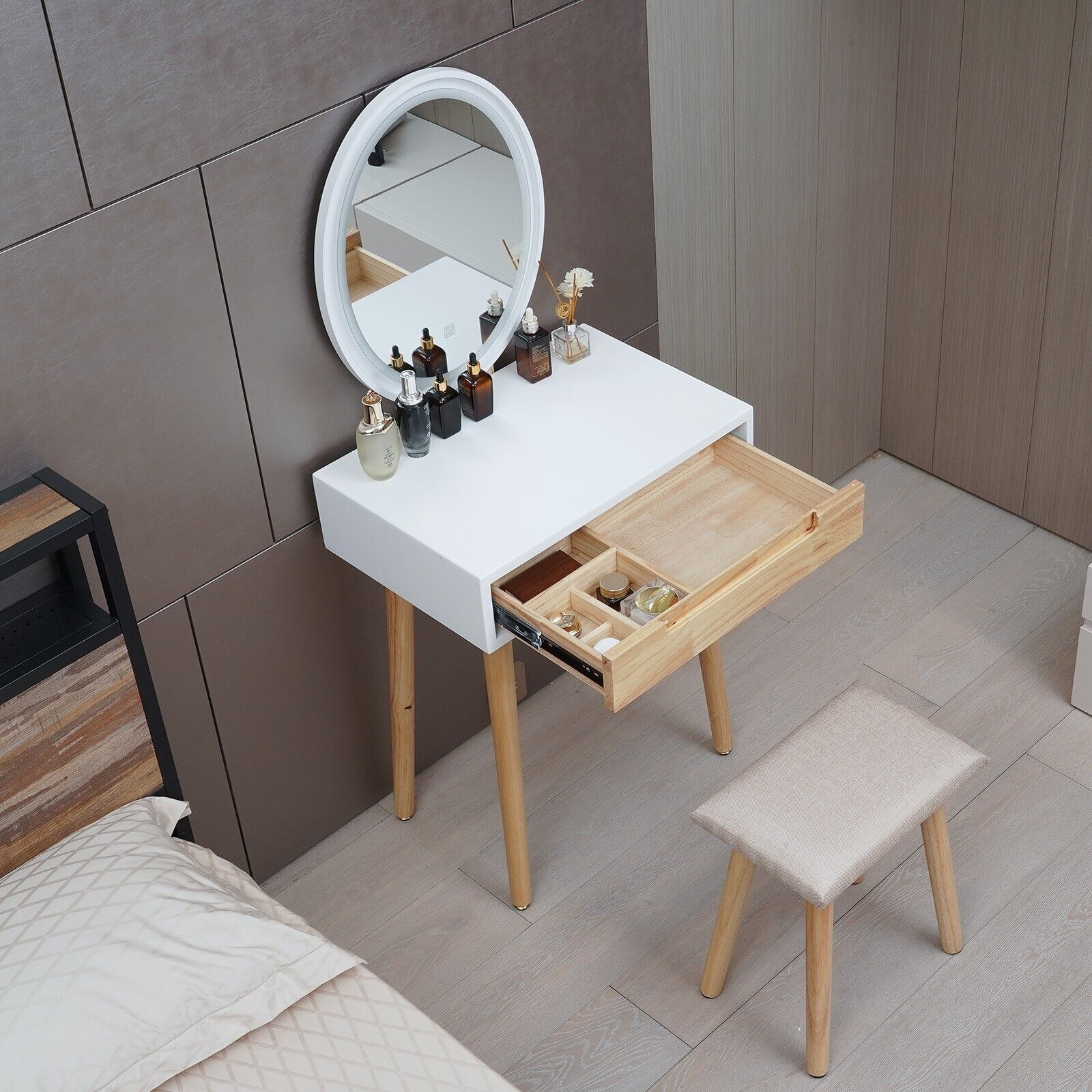 Dressing Table Vanity Set Make up Desk with Dimmable LED Light Mirror Stool Wood