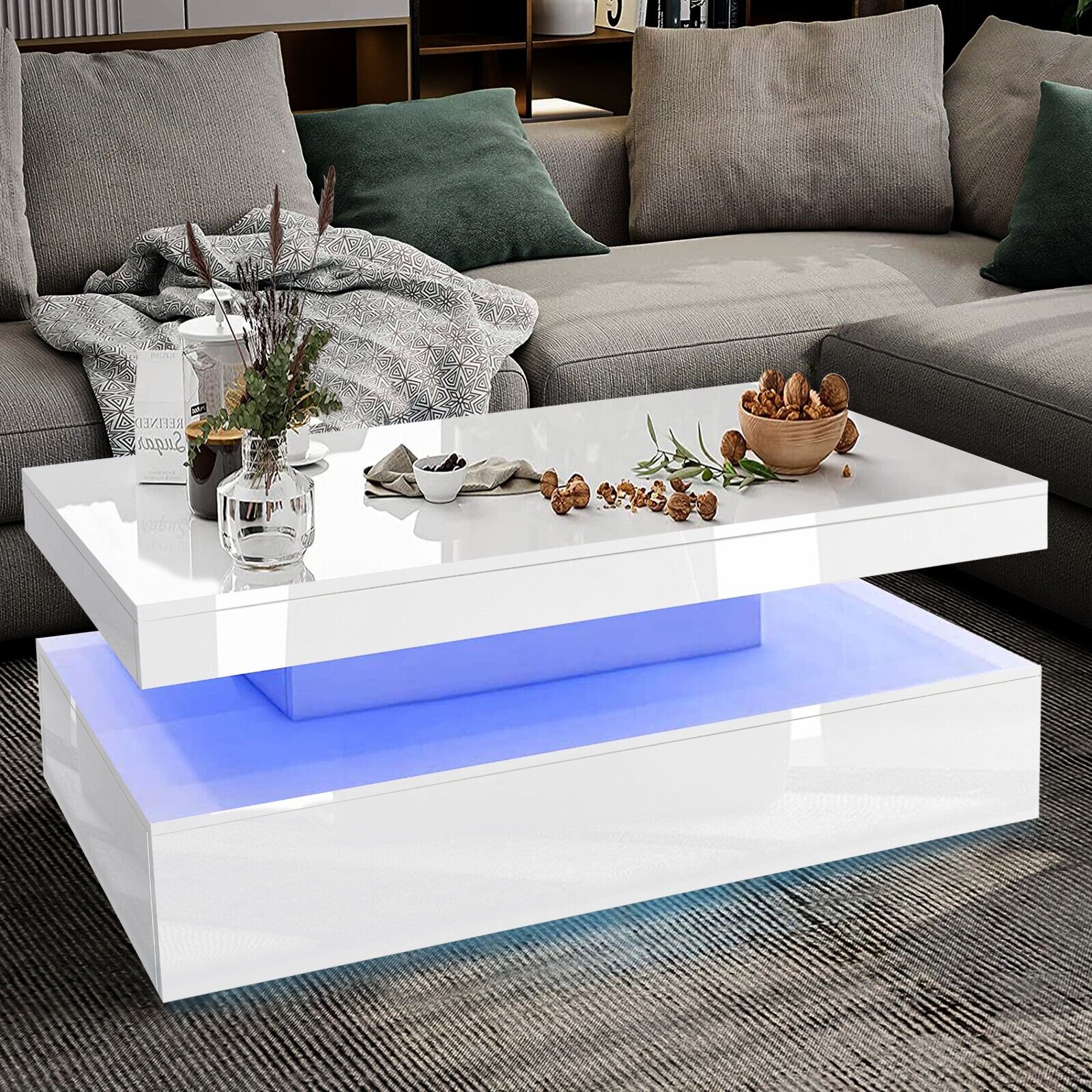 LED Coffee Table Wooden 2 Drawer Storage High Gloss Modern Living Room Furniture