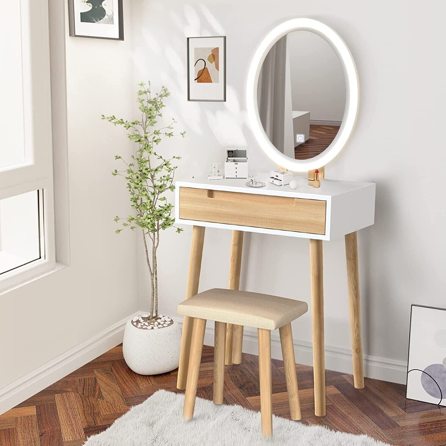 Dressing Table Vanity Set Make up Desk with Dimmable LED Light Mirror Stool Wood