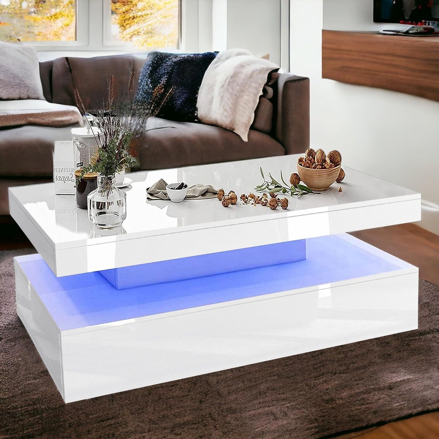 LED Coffee Table Wooden 2 Drawer Storage High Gloss Modern Living Room Furniture