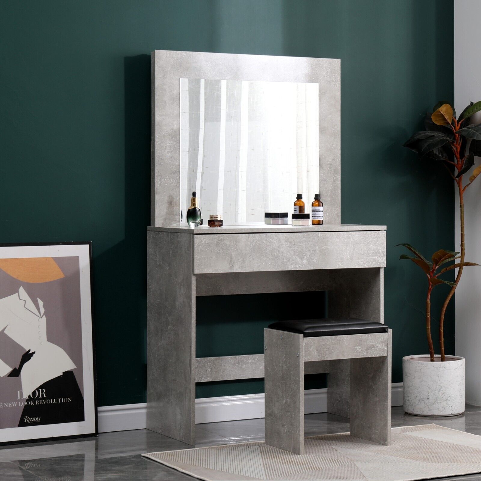 Dressing Table Vanity Unit Modern Makeup Desk With Large Mirror & Stool Grey