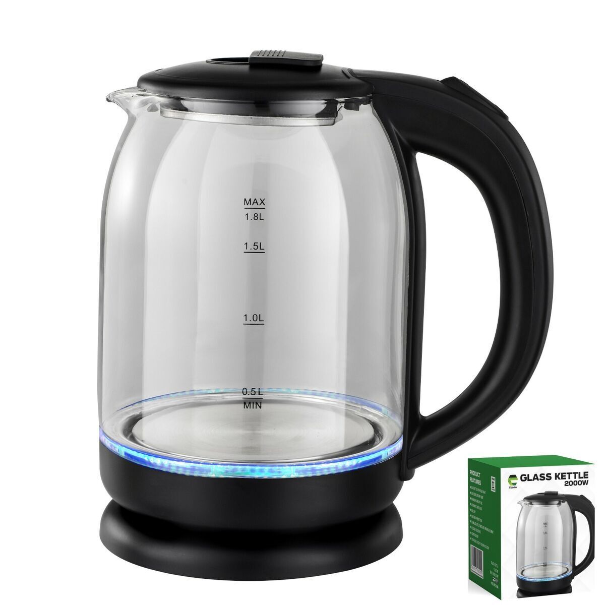 1.8L Electric Kettle Glass 360 Black LED Illuminated Portable Jug Security UK