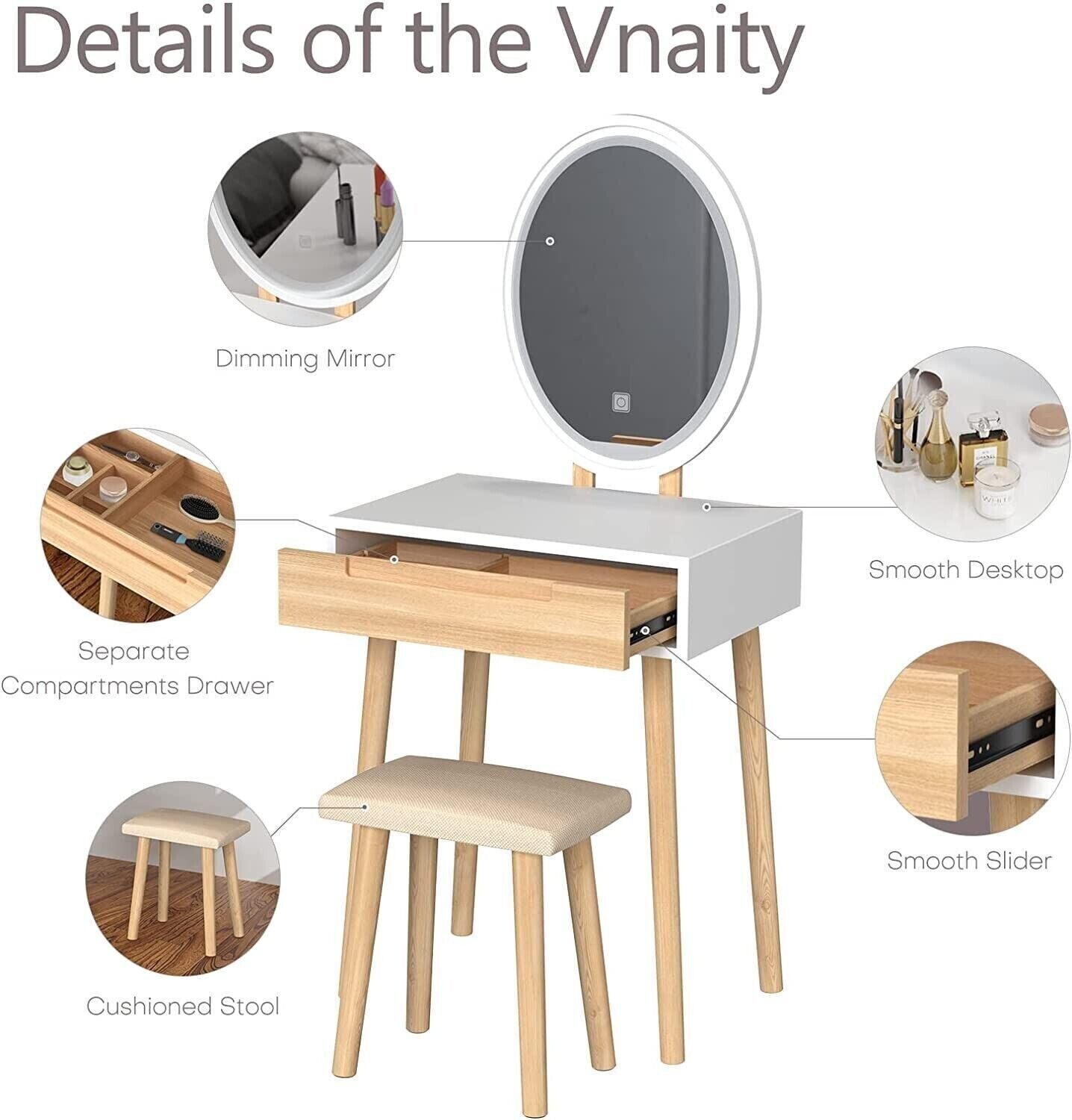 Dressing Table Vanity Set Make up Desk with Dimmable LED Light Mirror Stool Wood