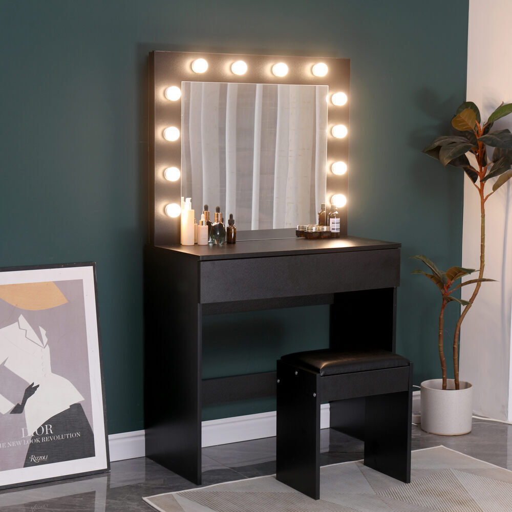 Dressing Table with LED Mirror Modern Makeup Desk Vanity Table Set + Stool