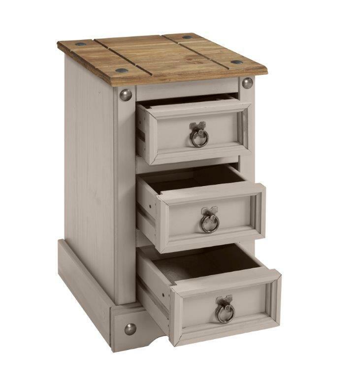 Corona Bedside Cabinet 3 Drawer Grey Wax Table Unit Pine