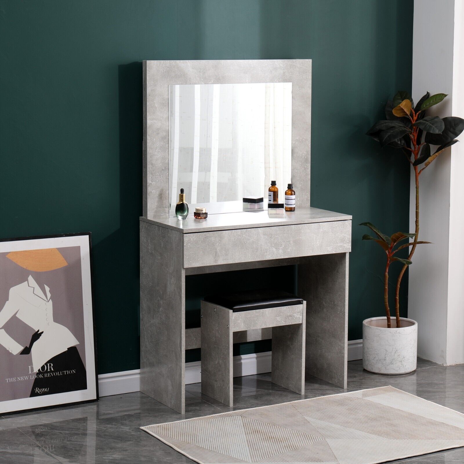 Dressing Table Vanity Unit Modern Makeup Desk With Large Mirror & Stool Grey