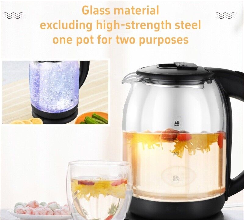 1.8L Electric Kettle Glass 360 Black LED Illuminated Portable Jug Security UK