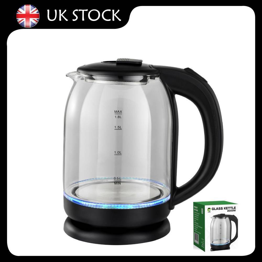 1.8L Electric Kettle Glass 360 Black LED Illuminated Portable Jug Security UK