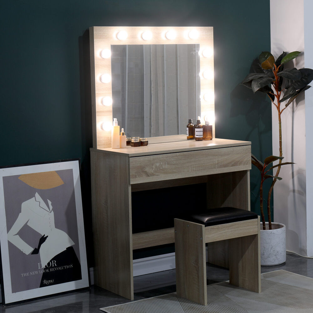 Dressing Table with LED Mirror Modern Makeup Desk Vanity Table Set + Stool