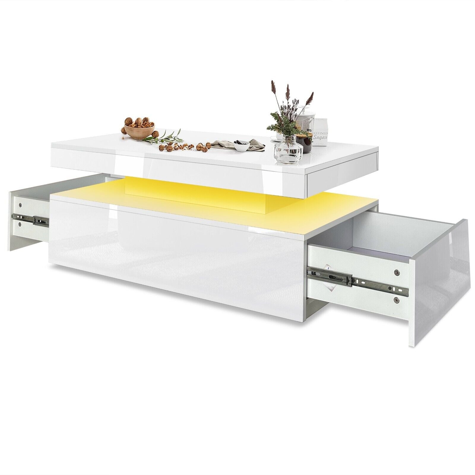 LED Coffee Table Wooden 2 Drawer Storage High Gloss Modern Living Room Furniture