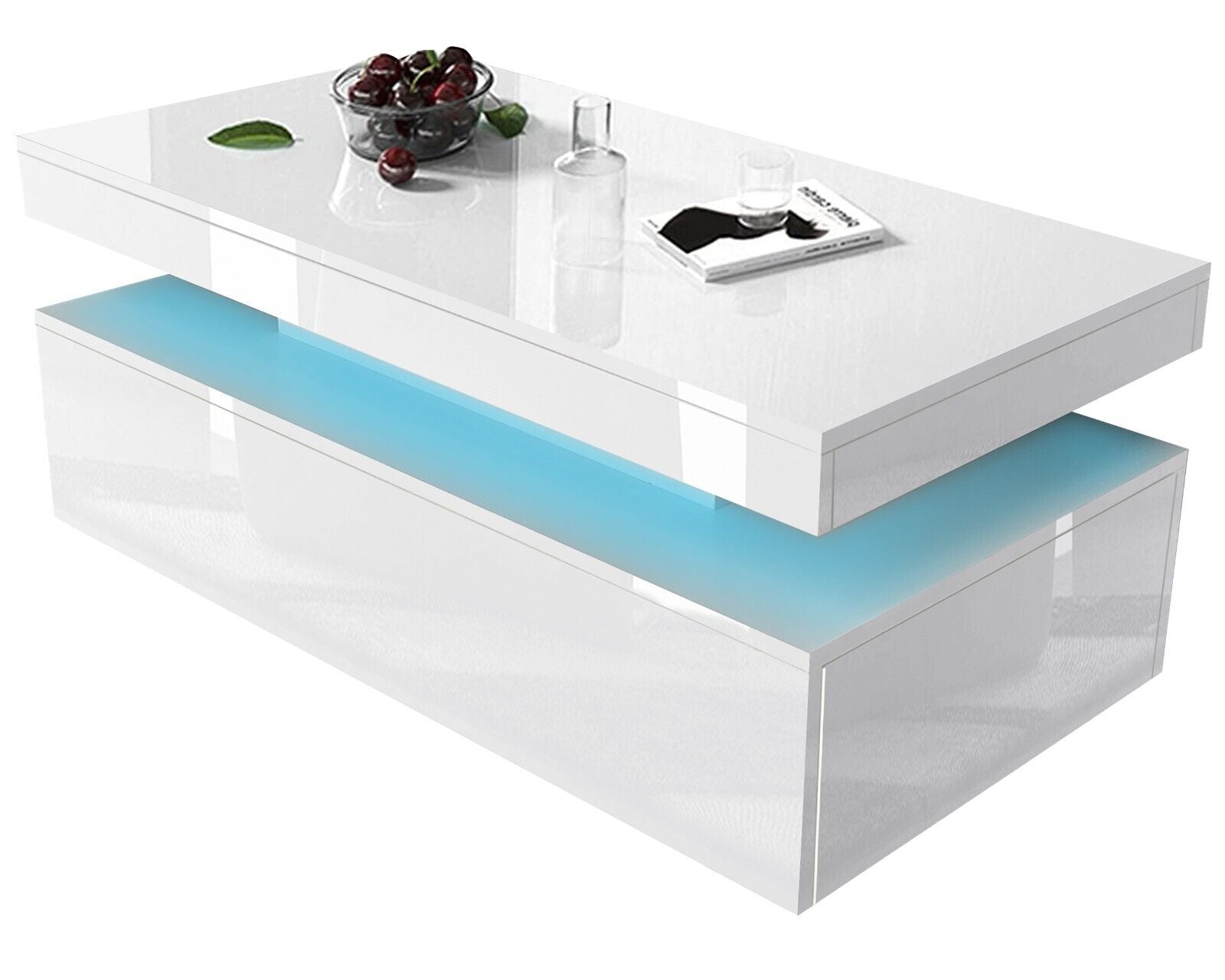 LED Coffee Table Wooden 2 Drawer Storage High Gloss Modern Living Room Furniture