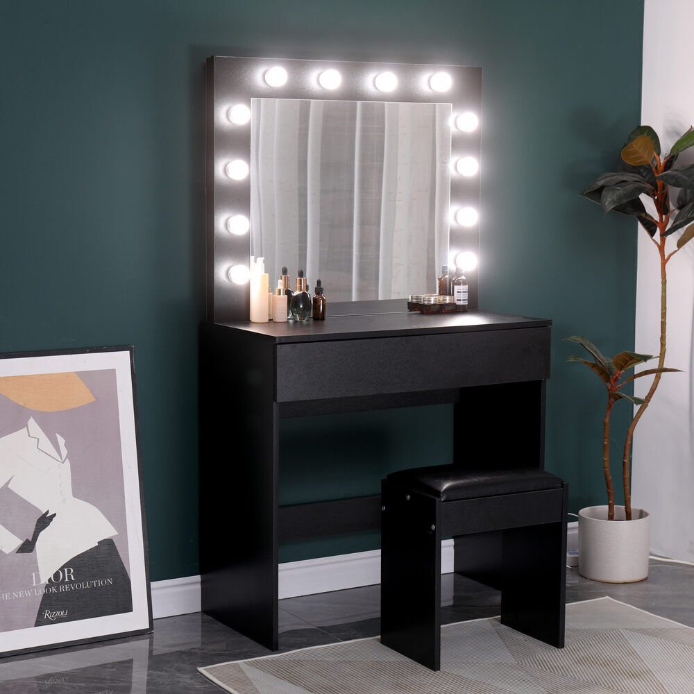 Dressing Table with LED Mirror Modern Makeup Desk Vanity Table Set + Stool