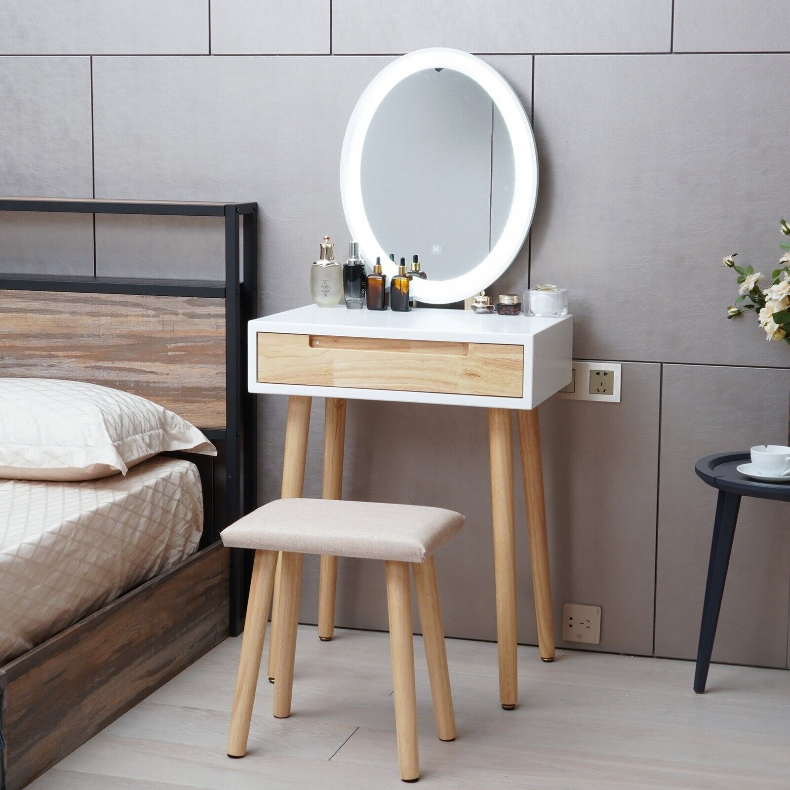 Dressing Table Vanity Set Make up Desk with Dimmable LED Light Mirror Stool Wood