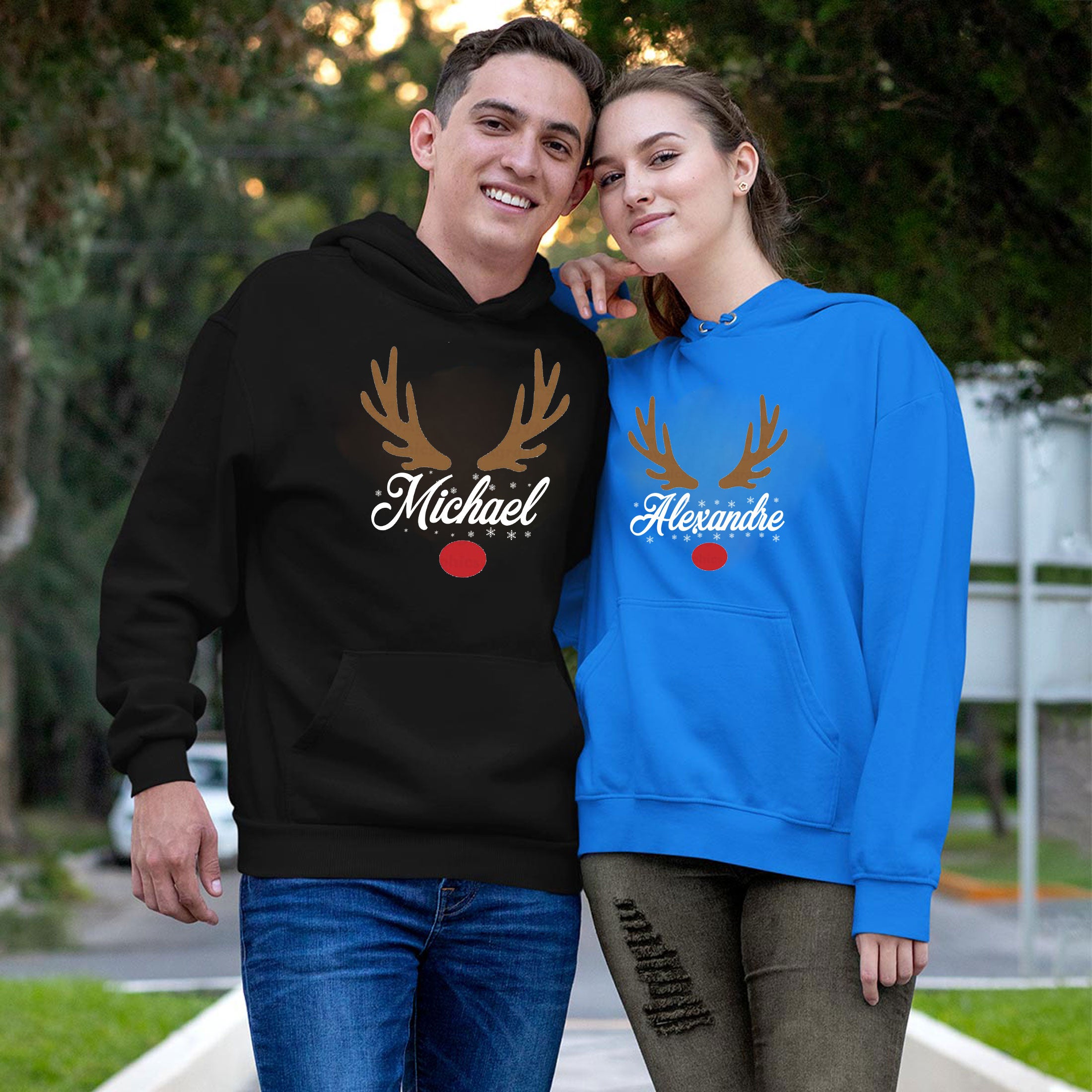 Personalized Reindeer Christmas Hood christmas married custom couple christmas Hoodies, couple matching shirts