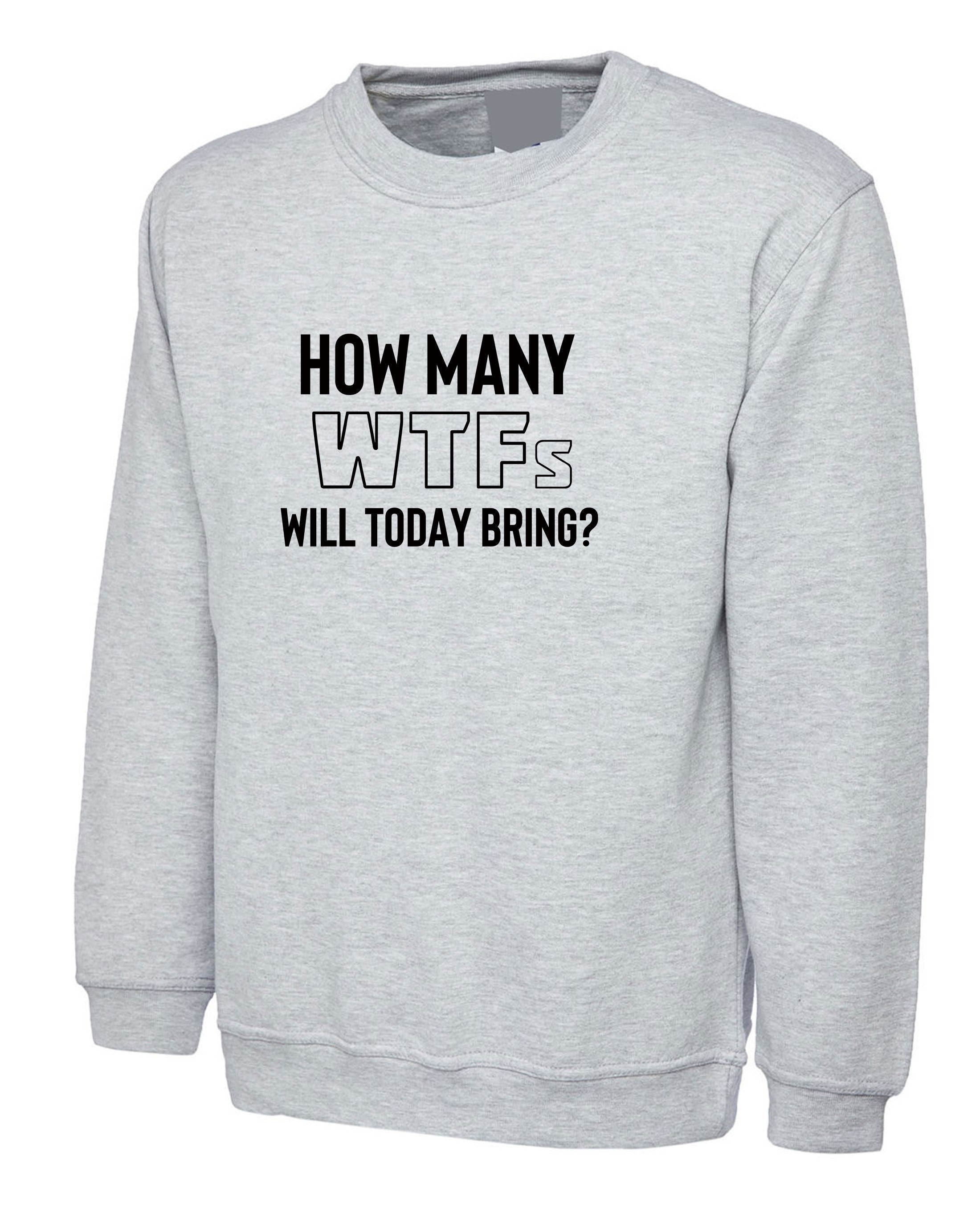 how many WTFs will today bring Funny Ladies Men Unisex Sweatshirt Jumper Sweater Shirt Rude Sarcastic Bad Day Joke adult Humor Gift