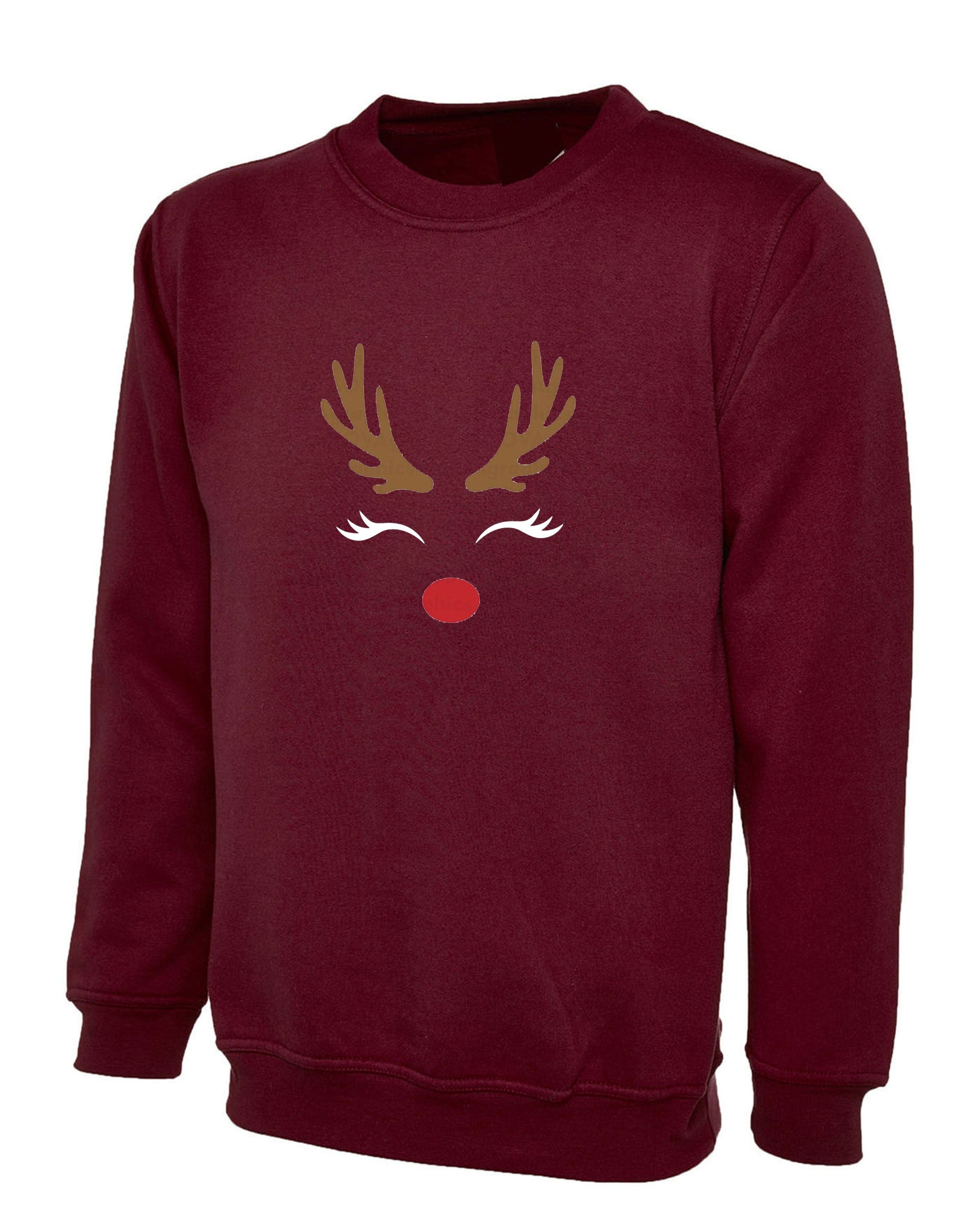 Reindeer Christmas Sweatshirt Jumper Sweater Shirt Cute Gift Xmas Present Womens Ladies Unisex Top Deer Horns Idea