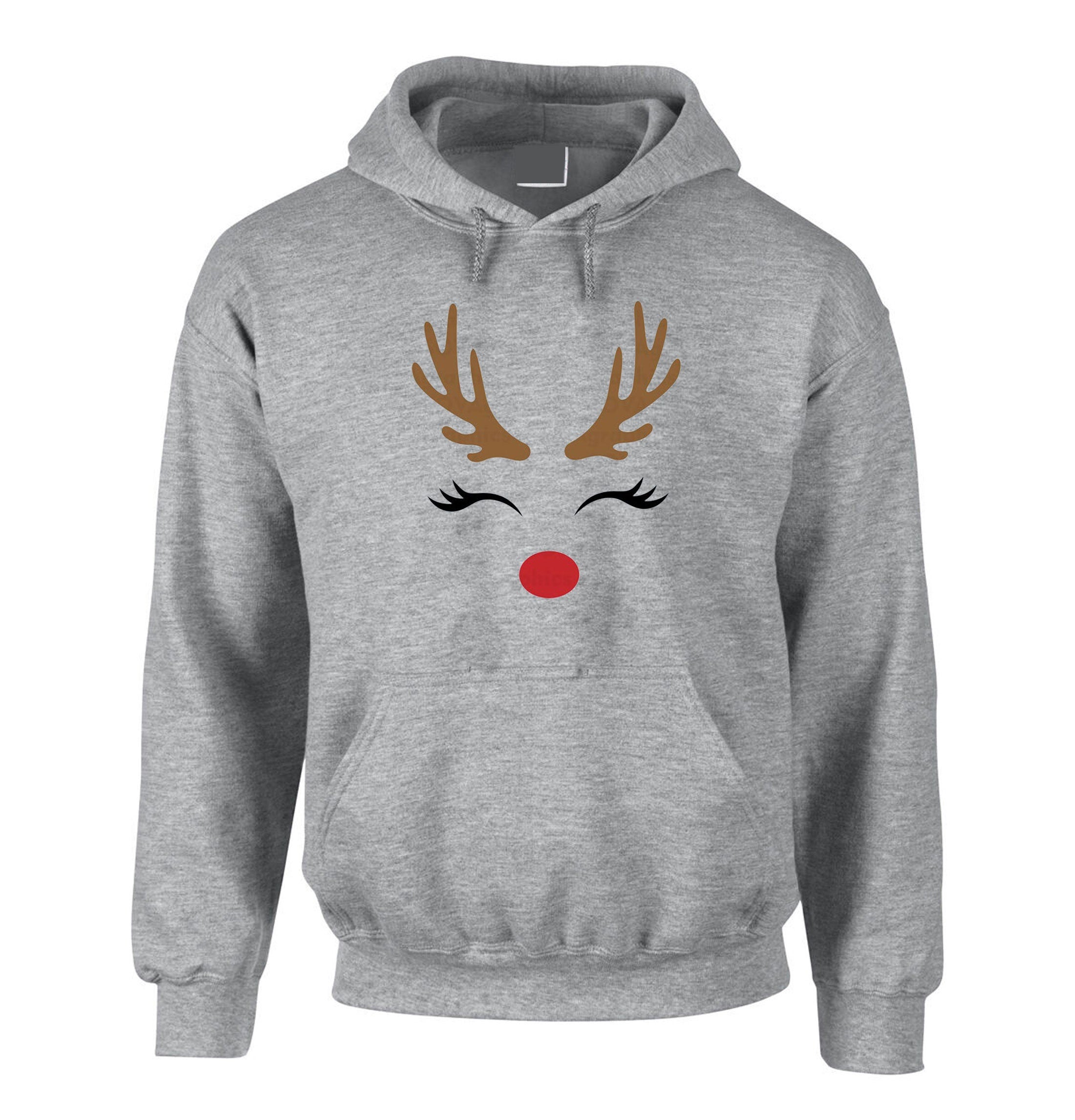 Reindeer Christmas Hoodie Hoody Hood Hooded Cute Gift Xmas Present Womens Ladies Unisex Top Deer Horns Idea