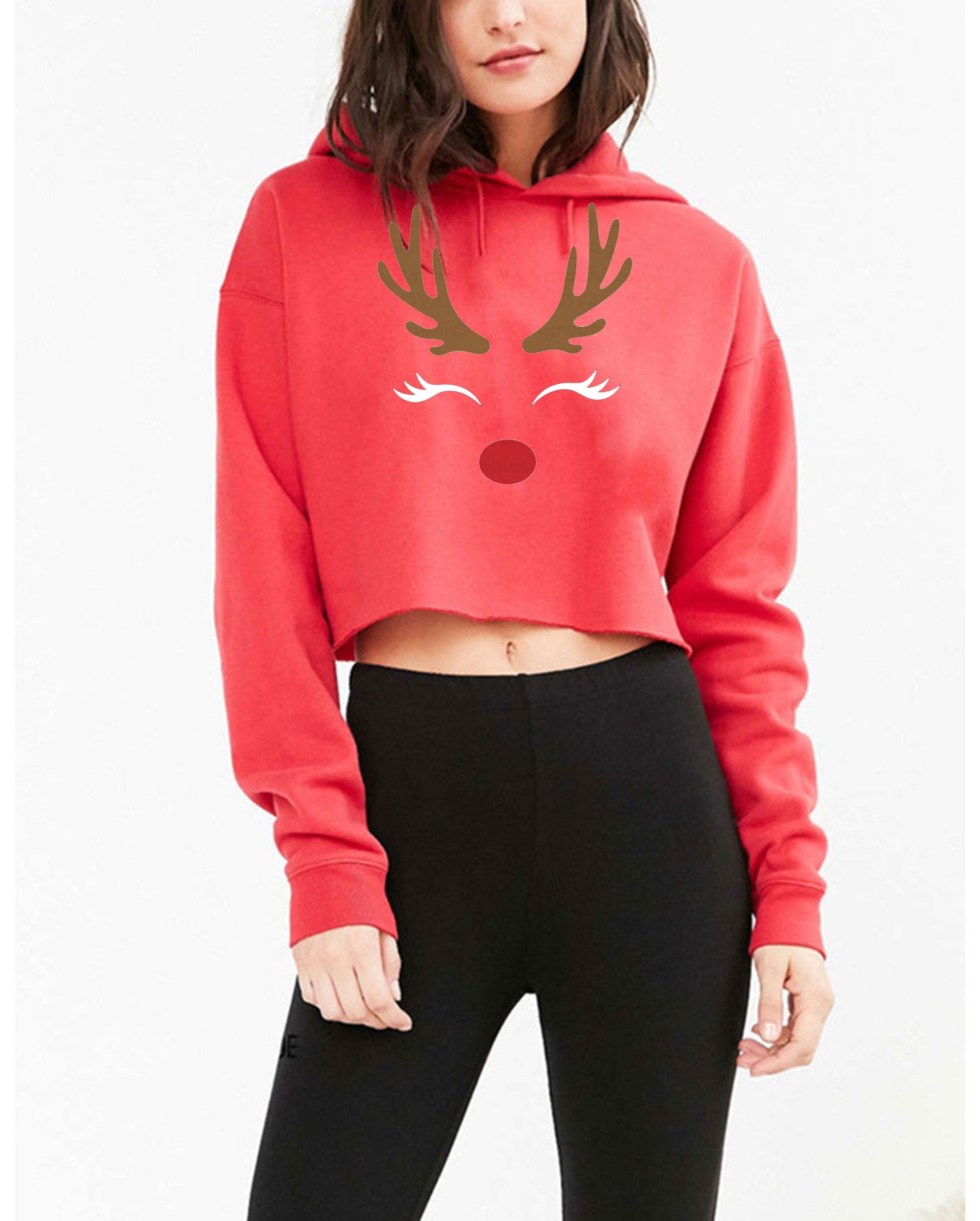 Reindeer Christmas Crop Tops Hoodie Hoody Hood Croptop Crop-top Cute Gift Xmas Present Womens Ladies Unisex Top Deer Horns Idea