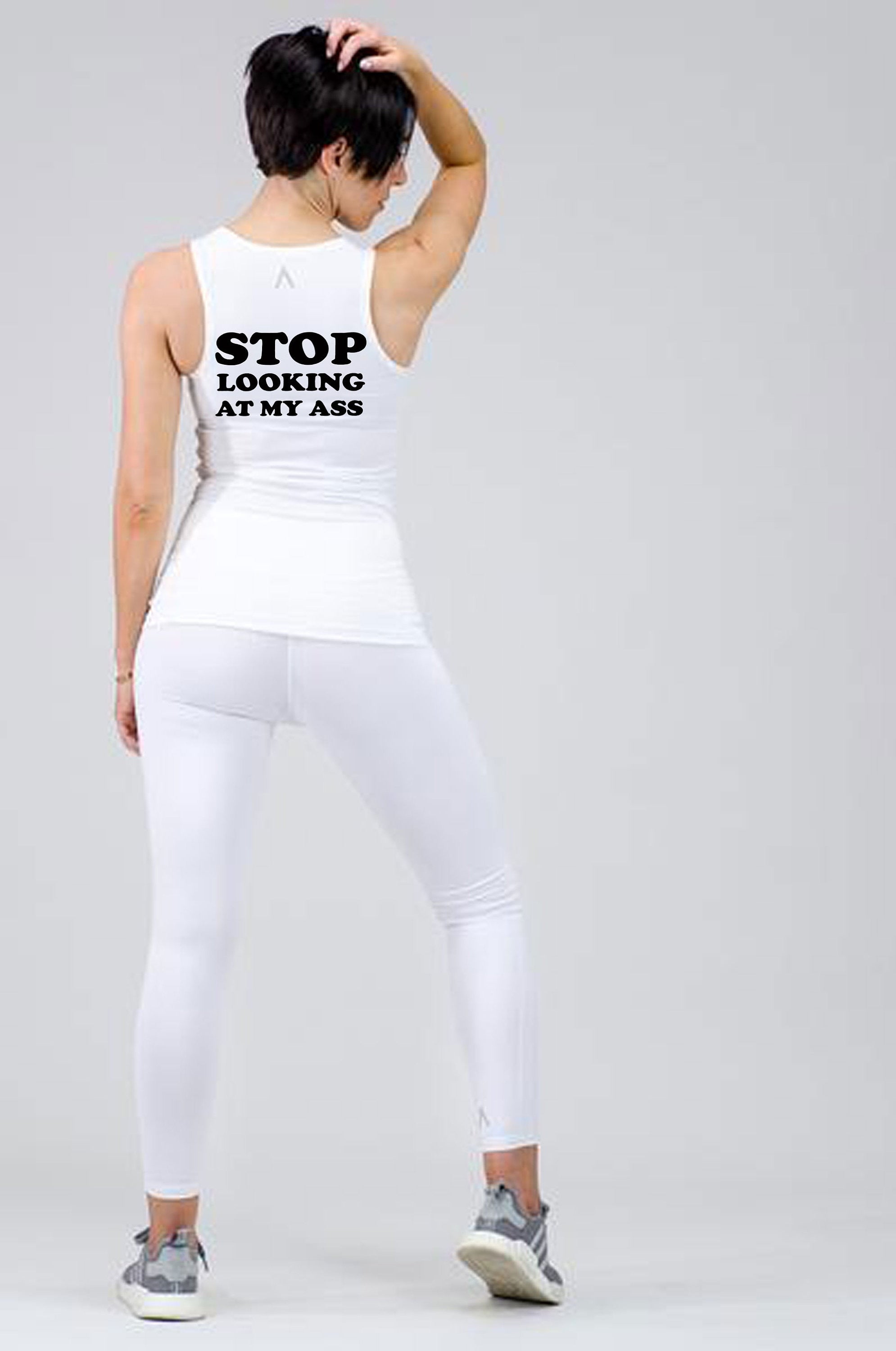 Stop Looking At My Ass Funny Ladies Joke Vests Vest Top Tank Yoga Shirt Gym Workout Exercise Jogging Birthday Gift Adult Humor Xmas