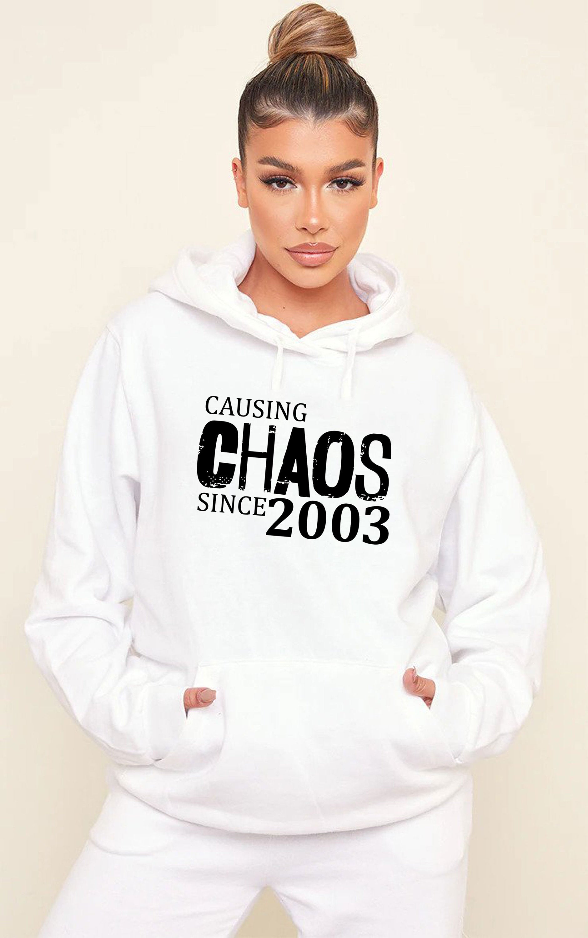 Women Ladies Causing Chaos Since 2003 (customized Date) Hoodie Hoody Hood Hooded Funny 18th Birthday Christmas Gift Top Unisex