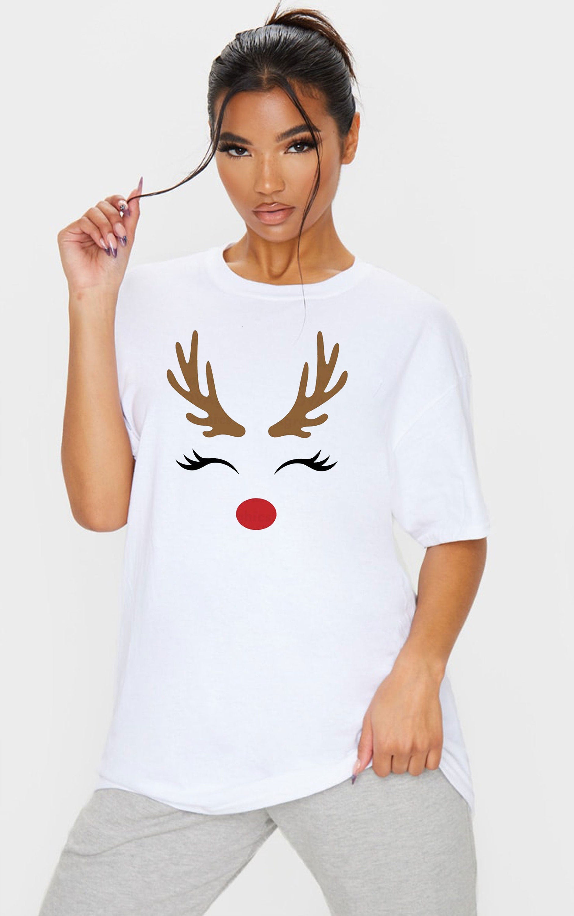 Reindeer Christmas T-shirt T shirt Tshirt Tee Shirt Cute Gift Xmas Present Womens Ladies Unisex Top Deer Horns Idea