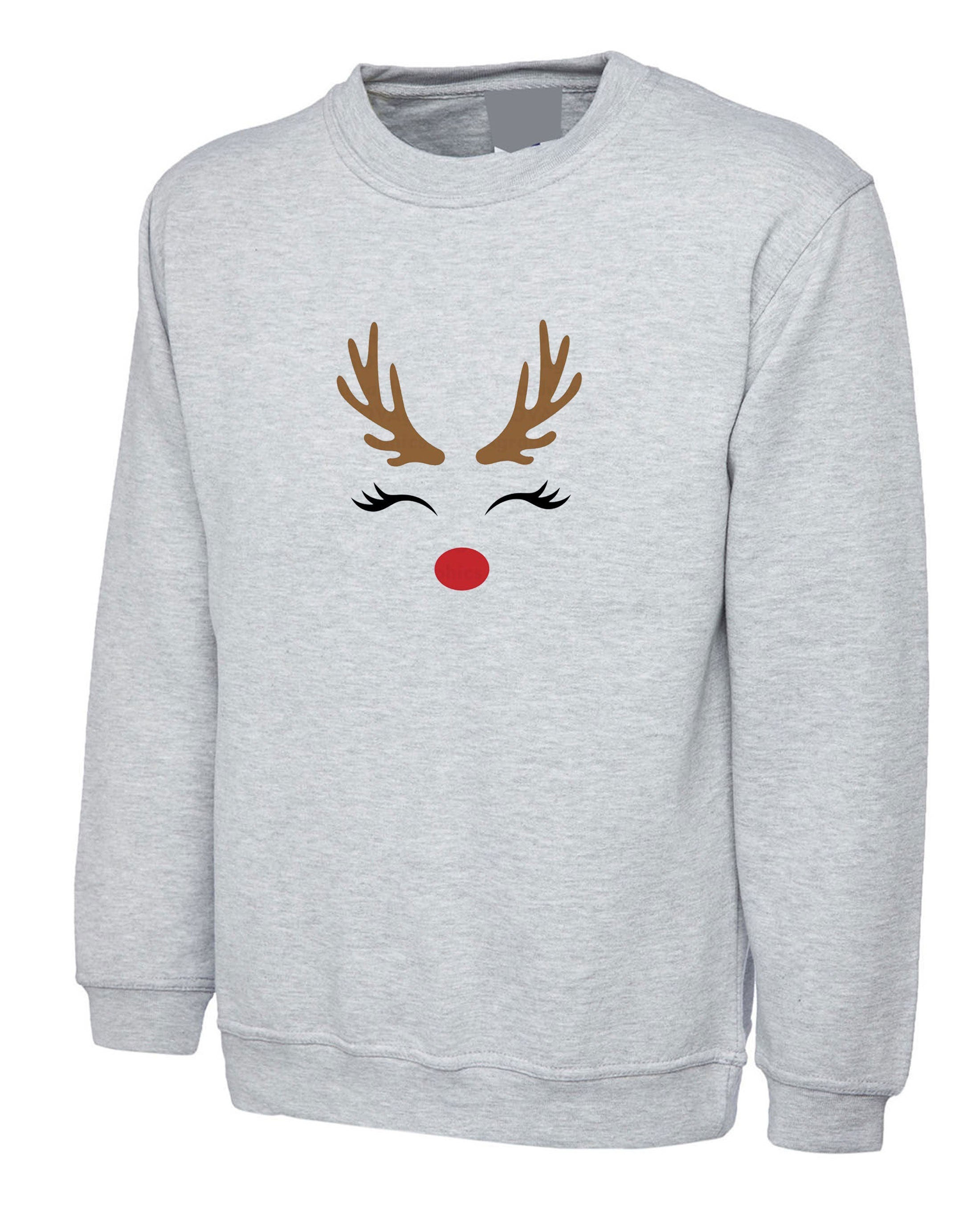 Reindeer Christmas Sweatshirt Jumper Sweater Shirt Cute Gift Xmas Present Womens Ladies Unisex Top Deer Horns Idea