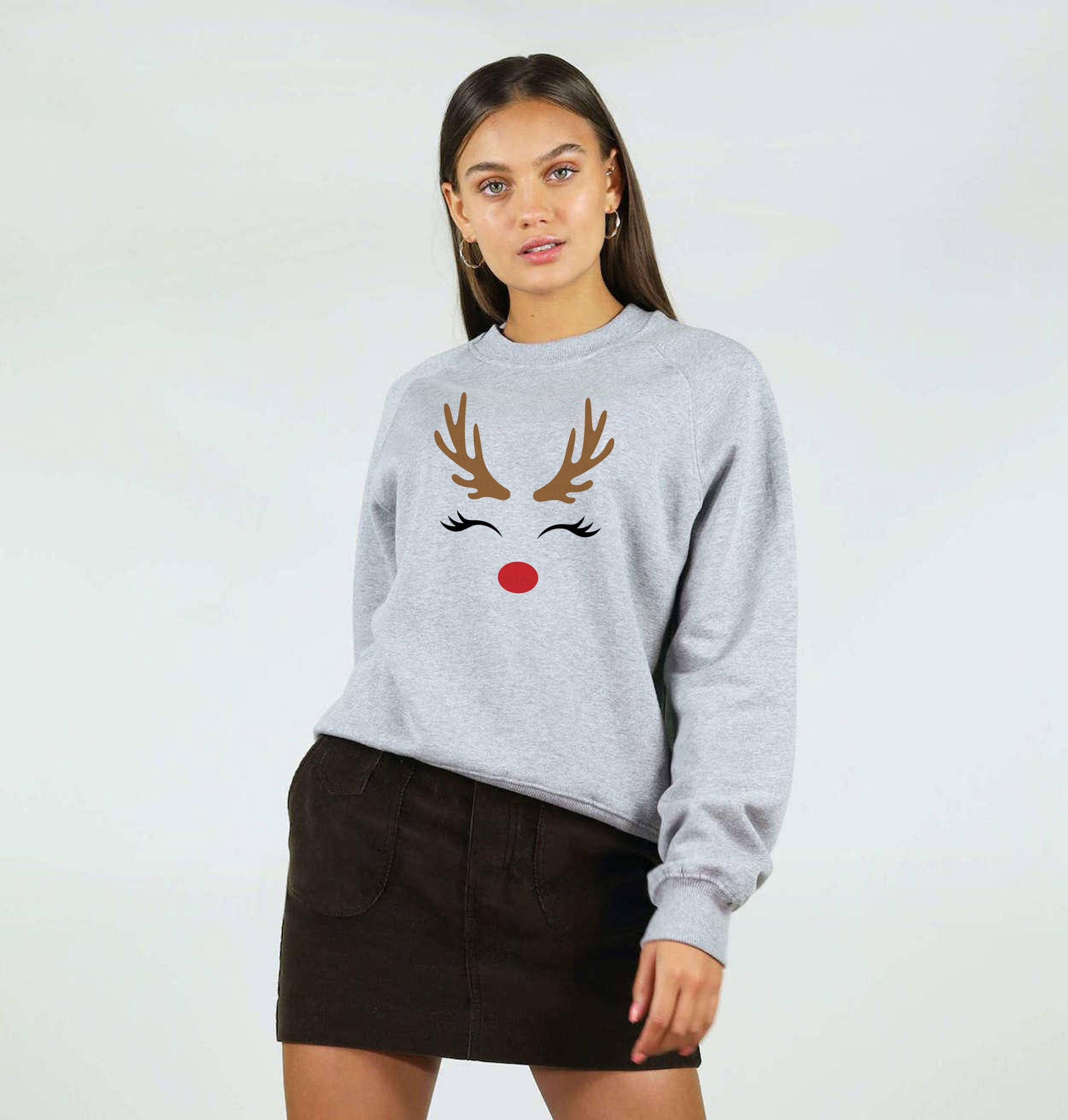 Reindeer Christmas Sweatshirt Jumper Sweater Shirt Cute Gift Xmas Present Womens Ladies Unisex Top Deer Horns Idea