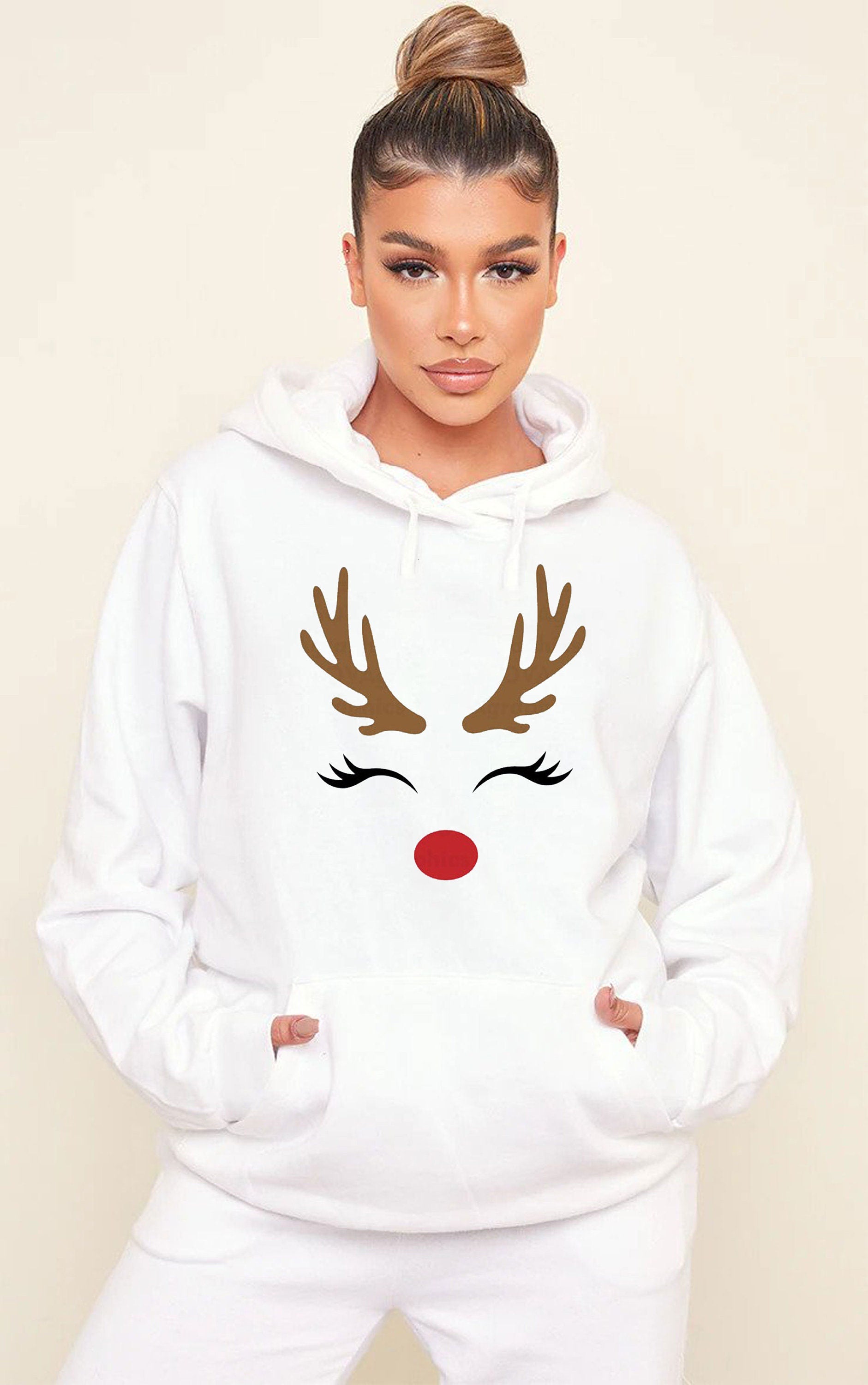 Reindeer Christmas Hoodie Hoody Hood Hooded Cute Gift Xmas Present Womens Ladies Unisex Top Deer Horns Idea