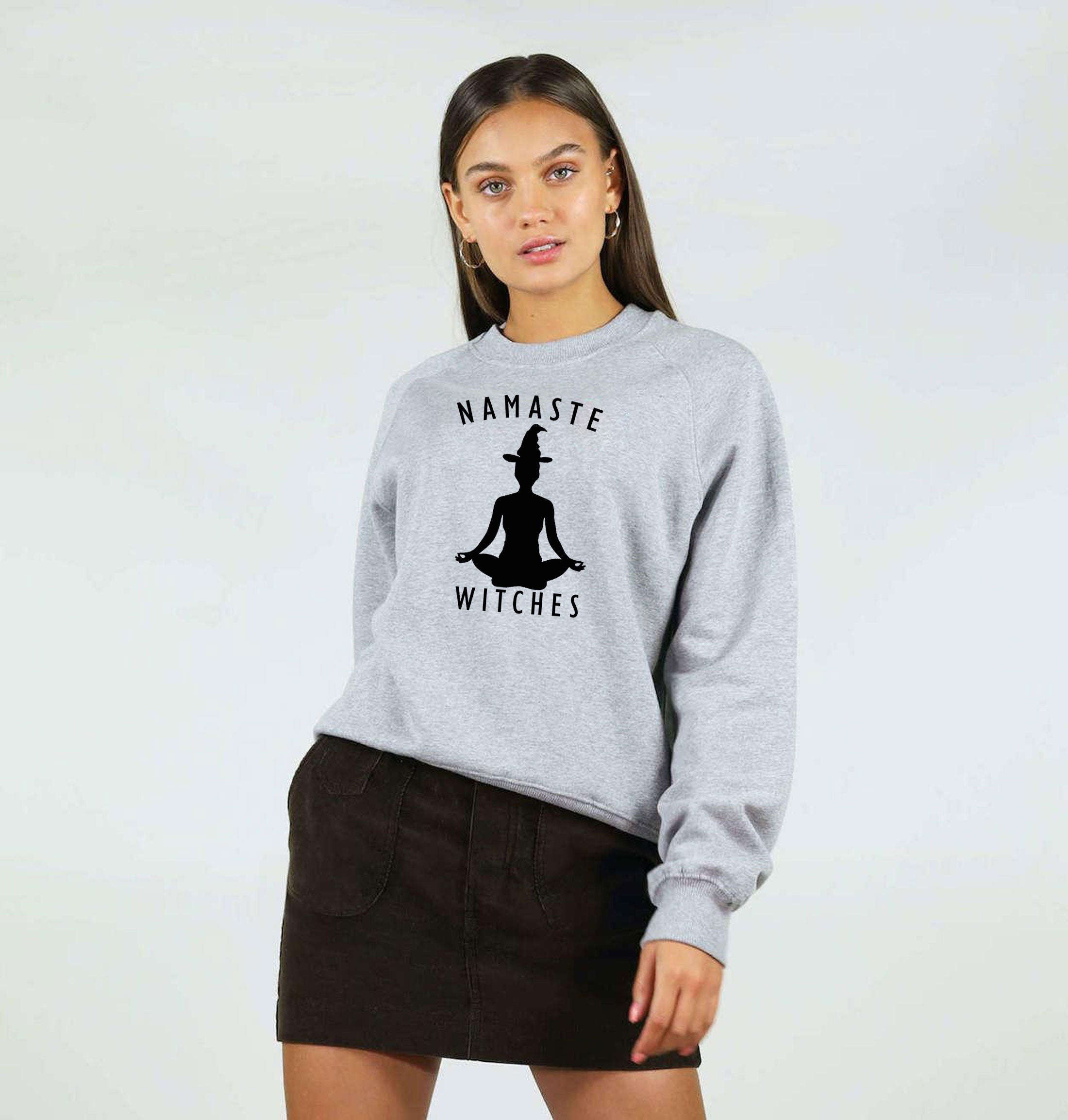 Namaste Witches Sweatshirt Jumper Sweater shirt - Funny Halloween Yoga Slogan Mens or Ladies Top Hindi Regards Desi Gift Outfit