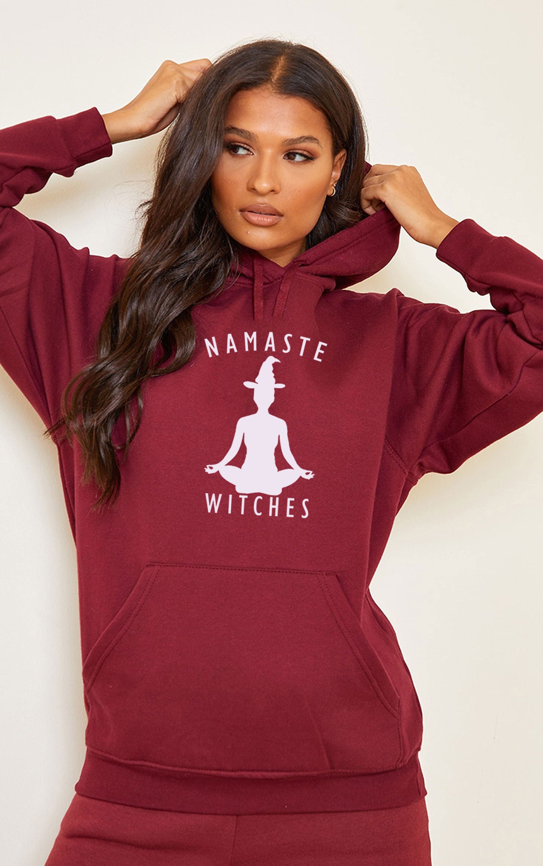 Namaste Witches Hoodie Hoody Hood Hooded - Funny Halloween Yoga Slogan Mens or Ladies Top Hindi Regards Desi Gift Outfit