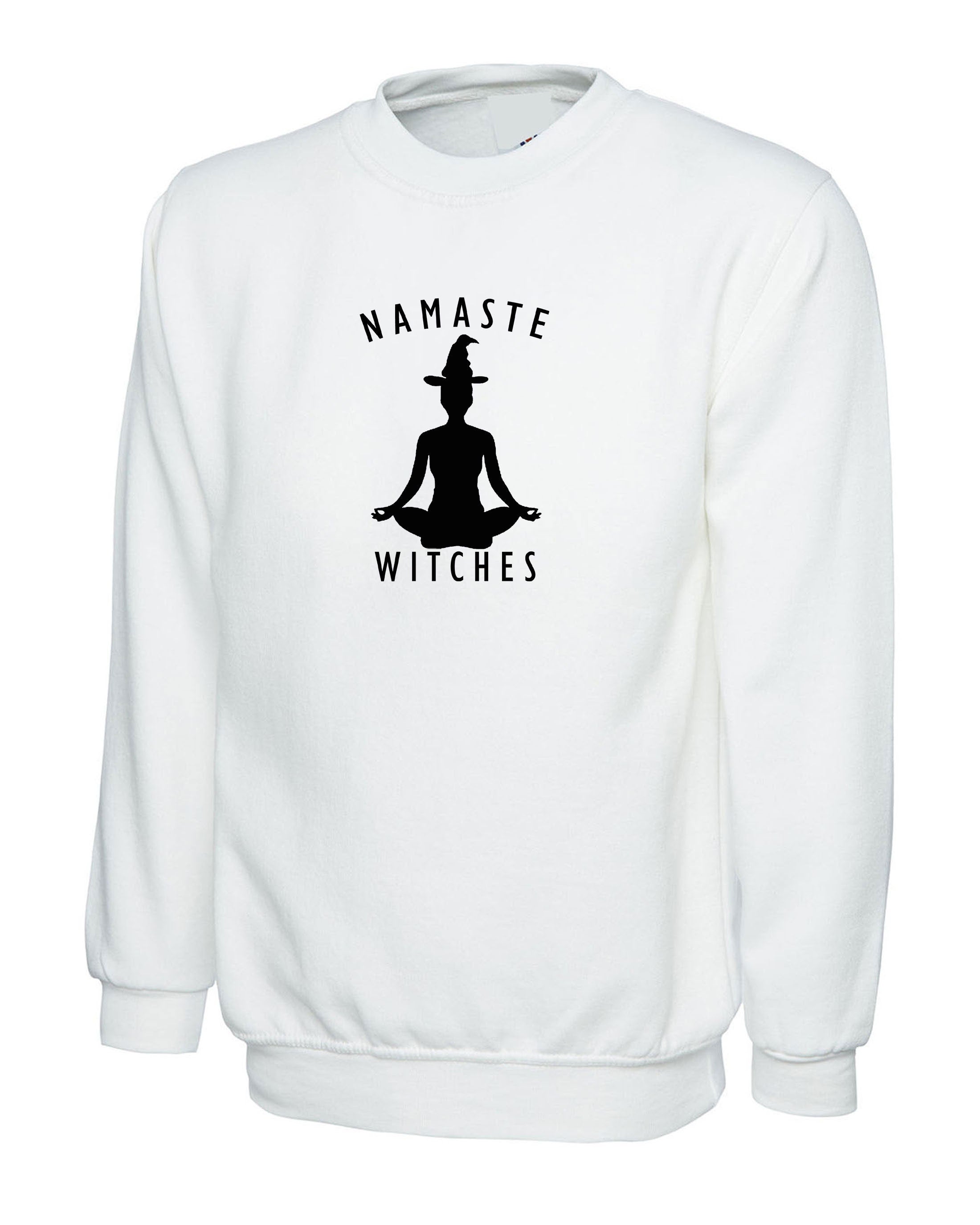 Namaste Witches Sweatshirt Jumper Sweater shirt - Funny Halloween Yoga Slogan Mens or Ladies Top Hindi Regards Desi Gift Outfit