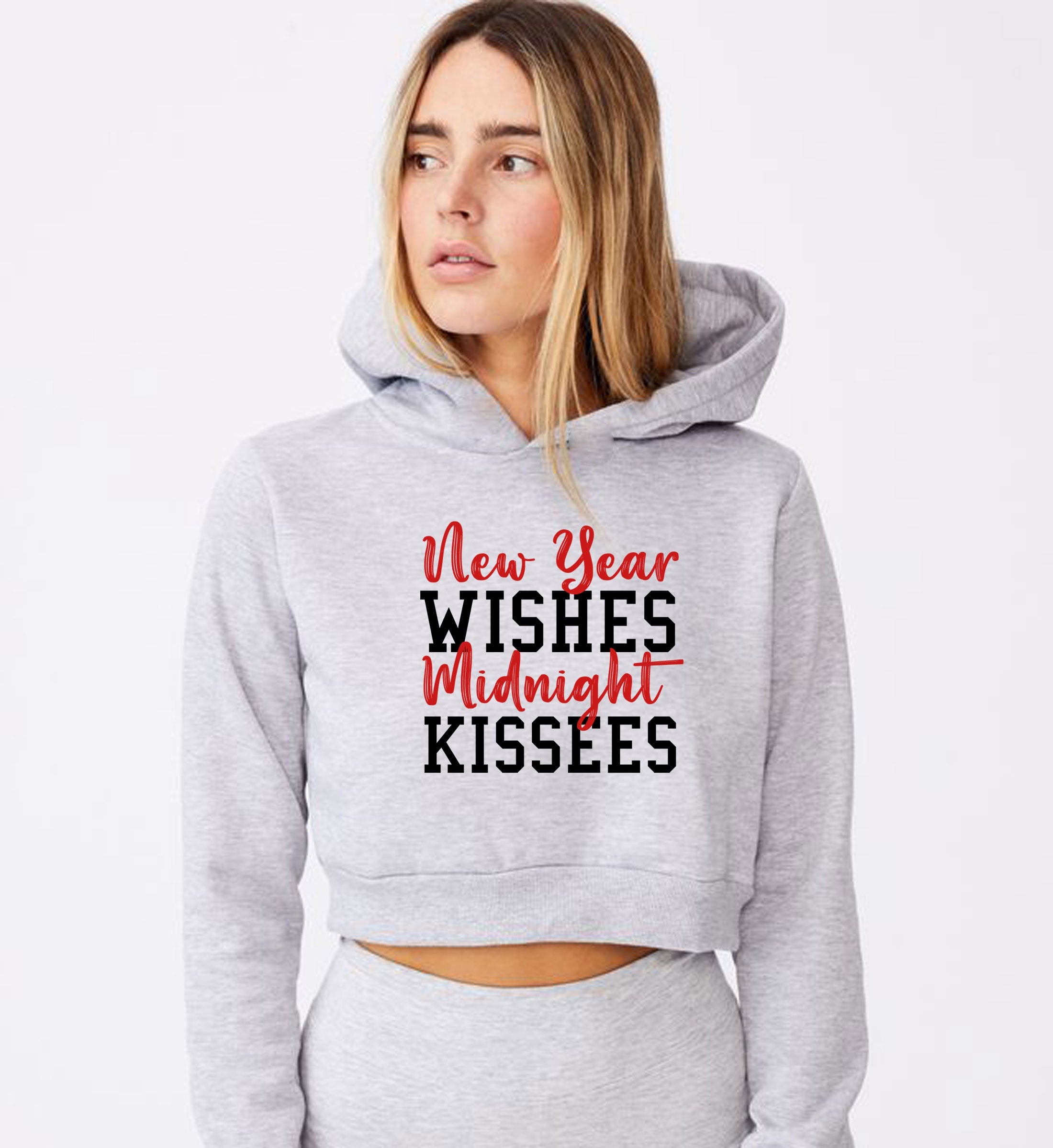 New Year Wishes Midnight Kisses Funny New Year Ladies Crop Tops Hoodie Hood Croptop Crop-top Happy New Year 2022 Joke Couple Gift Joke Top