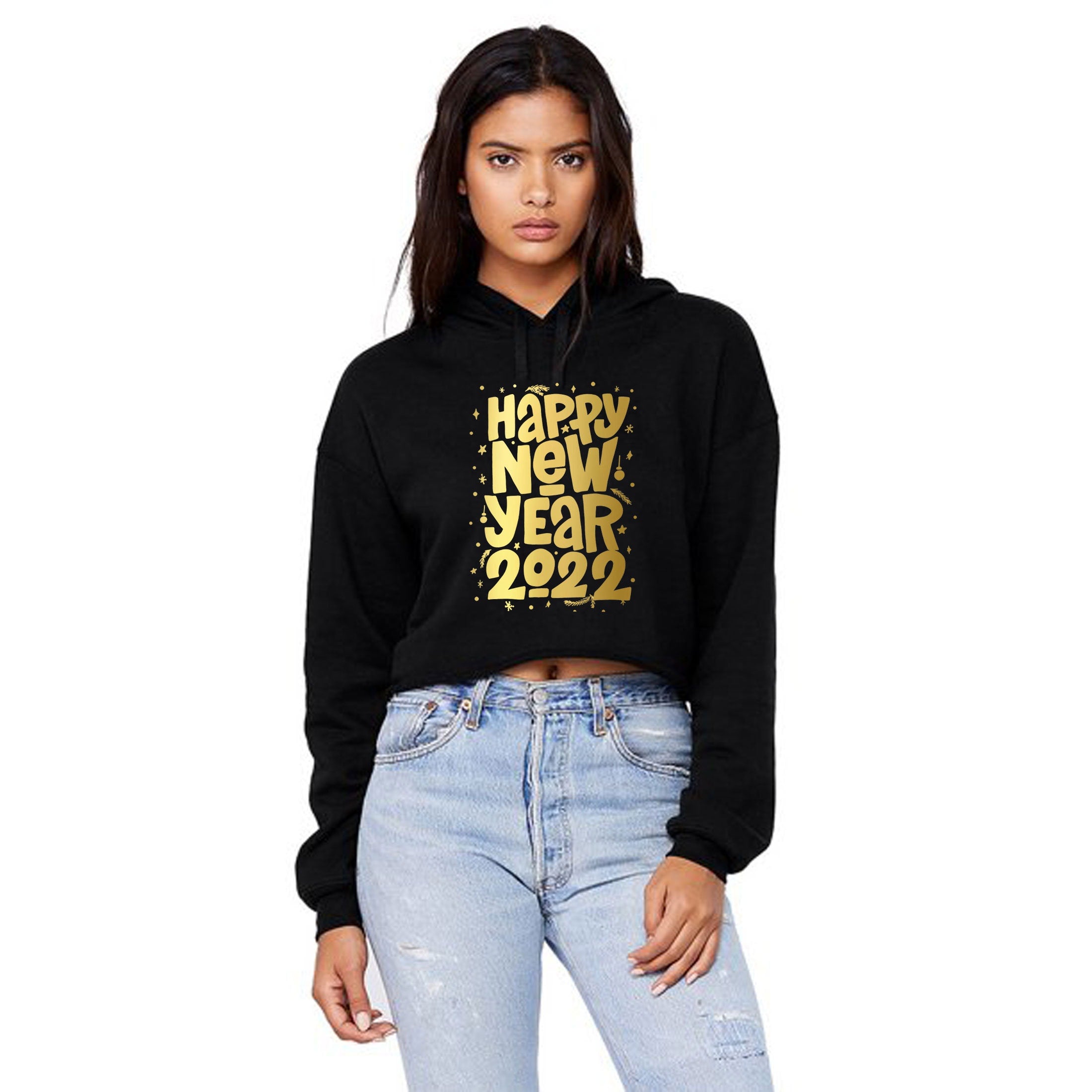 Happy New Year 2022 Crop Tops Croptop Crop-top Hoodie Hoody Hood Hooded Gold Font Couple Gift Joke Top Ladies Top Trending