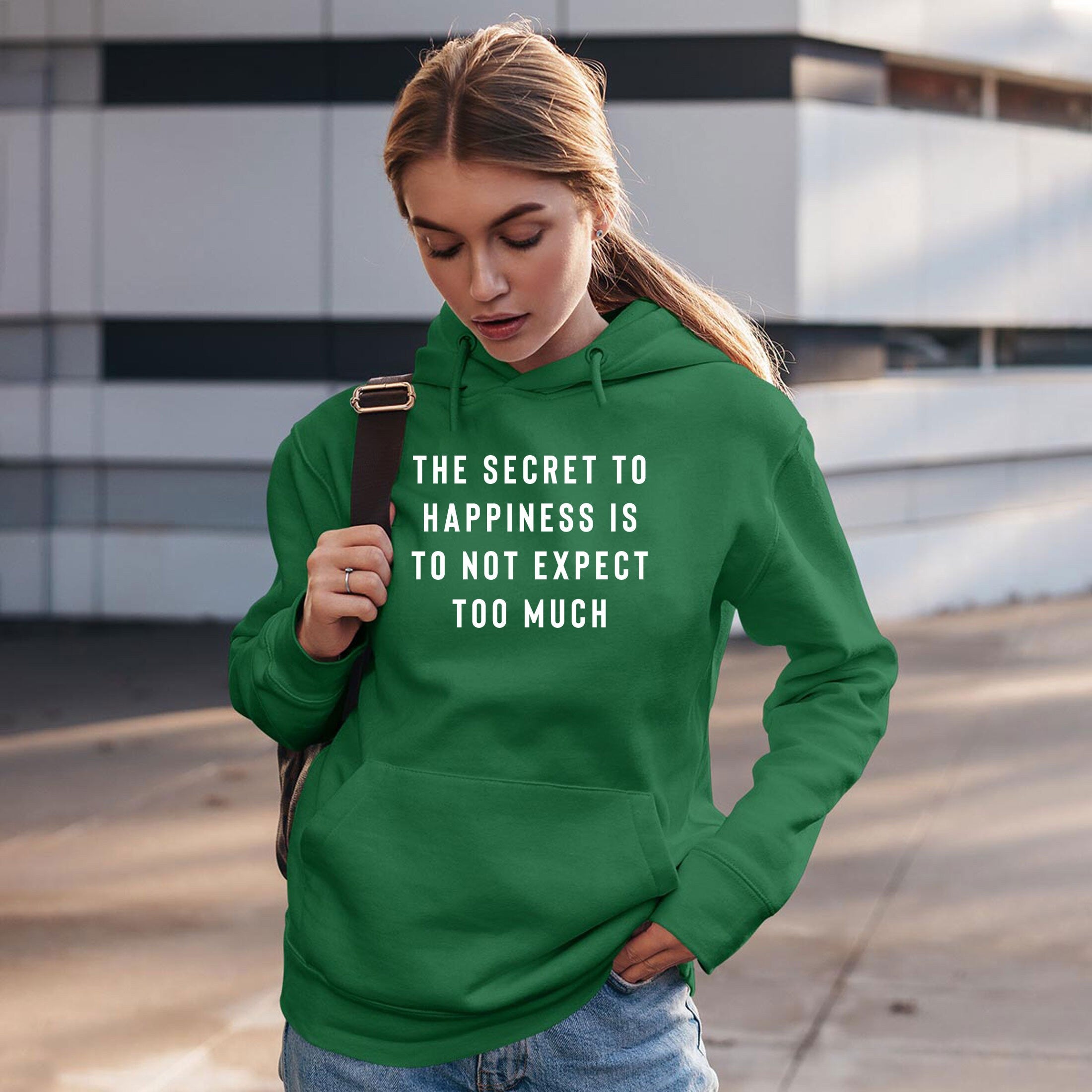 The Secret to Happiness is not to expect too Much Hoodie Hoody Hood Hooded Sarcastic Joke Ladies Gift Birthday Womens Motivational