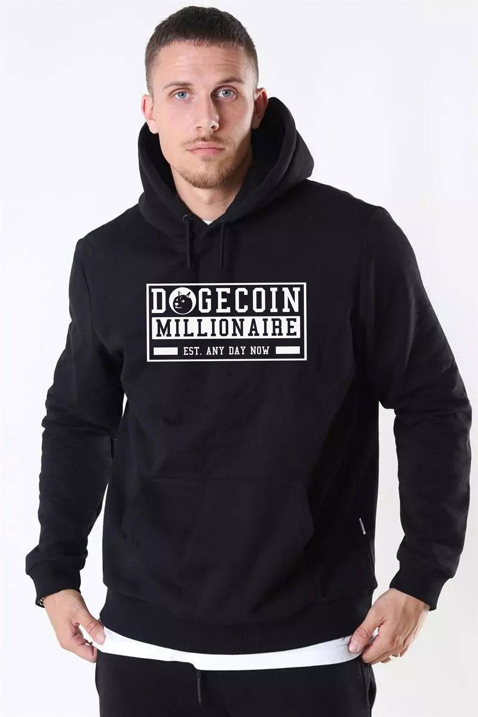 Funny Crypto Dogecoin Hoodie Hoody Hood Hooded Millionaire Any Day now Cryotp currency Trading gift mining Top Unisex Joke