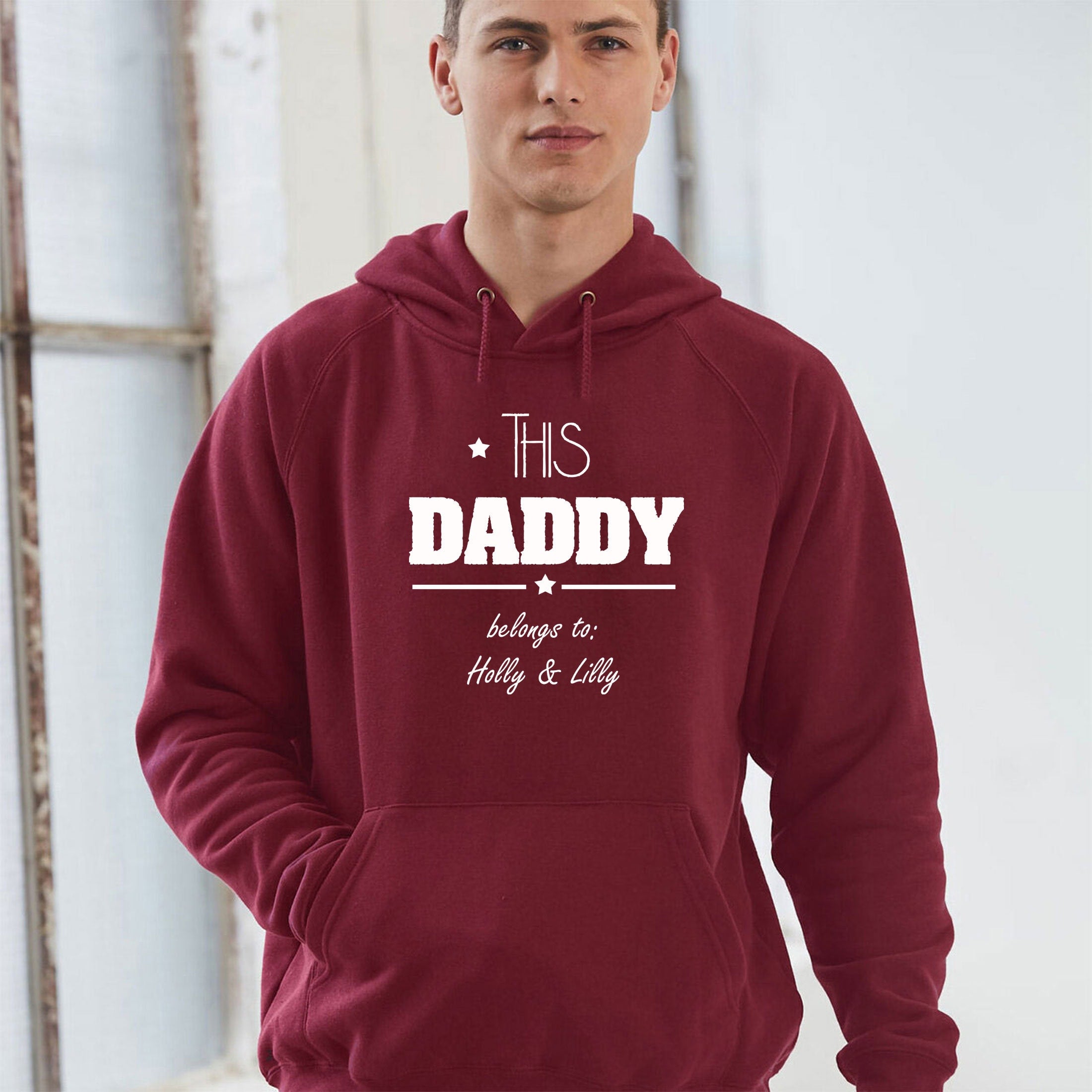 This Daddy Belongs to (Your Names) Customised Personalised Father's Day Hoodie Hoody Hood Hooded Dad Papa Birthday Present Funny