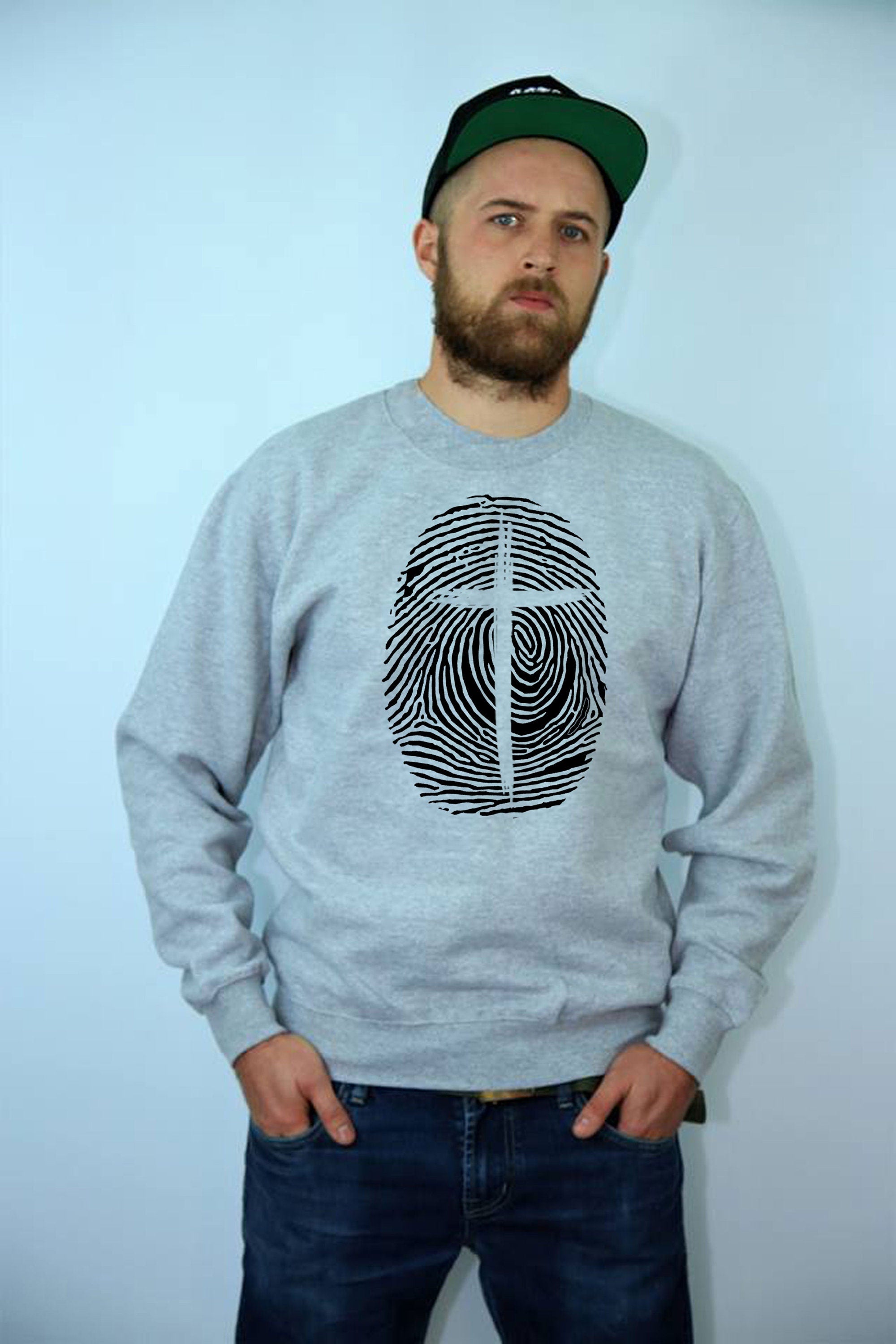 Christian Religion identity Fingerprint Cross Sweatshirt Jumper Sweater Shirt Christmas Gift Xmas Present Top Birthday Mens Unisex Christ