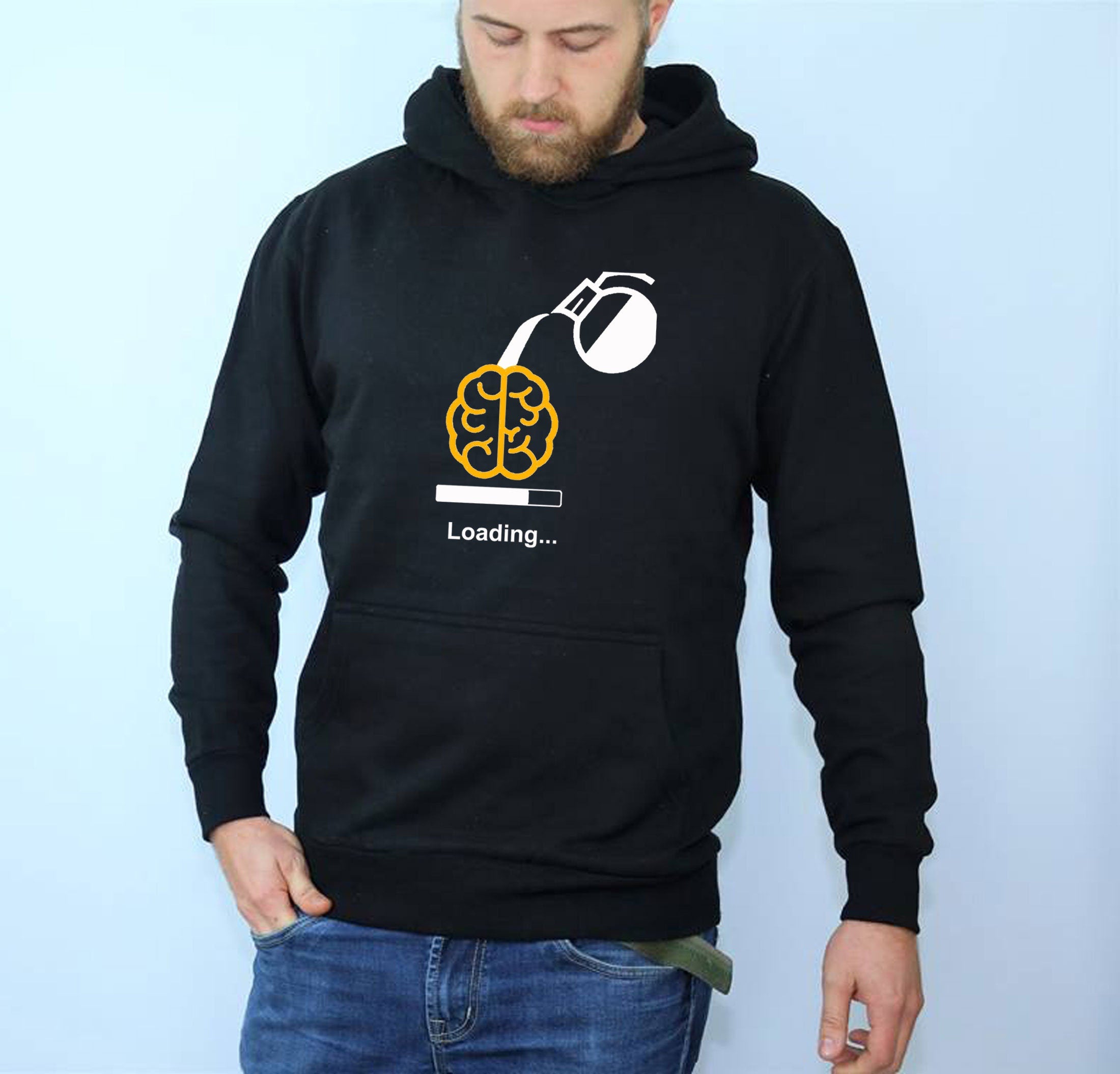 Mens Funny Brain loading Hoodie Hoody Hood Hooded Coffee Tea Lover Black Coffee Joke Womens Ladies Top Gift Birthday Xmas