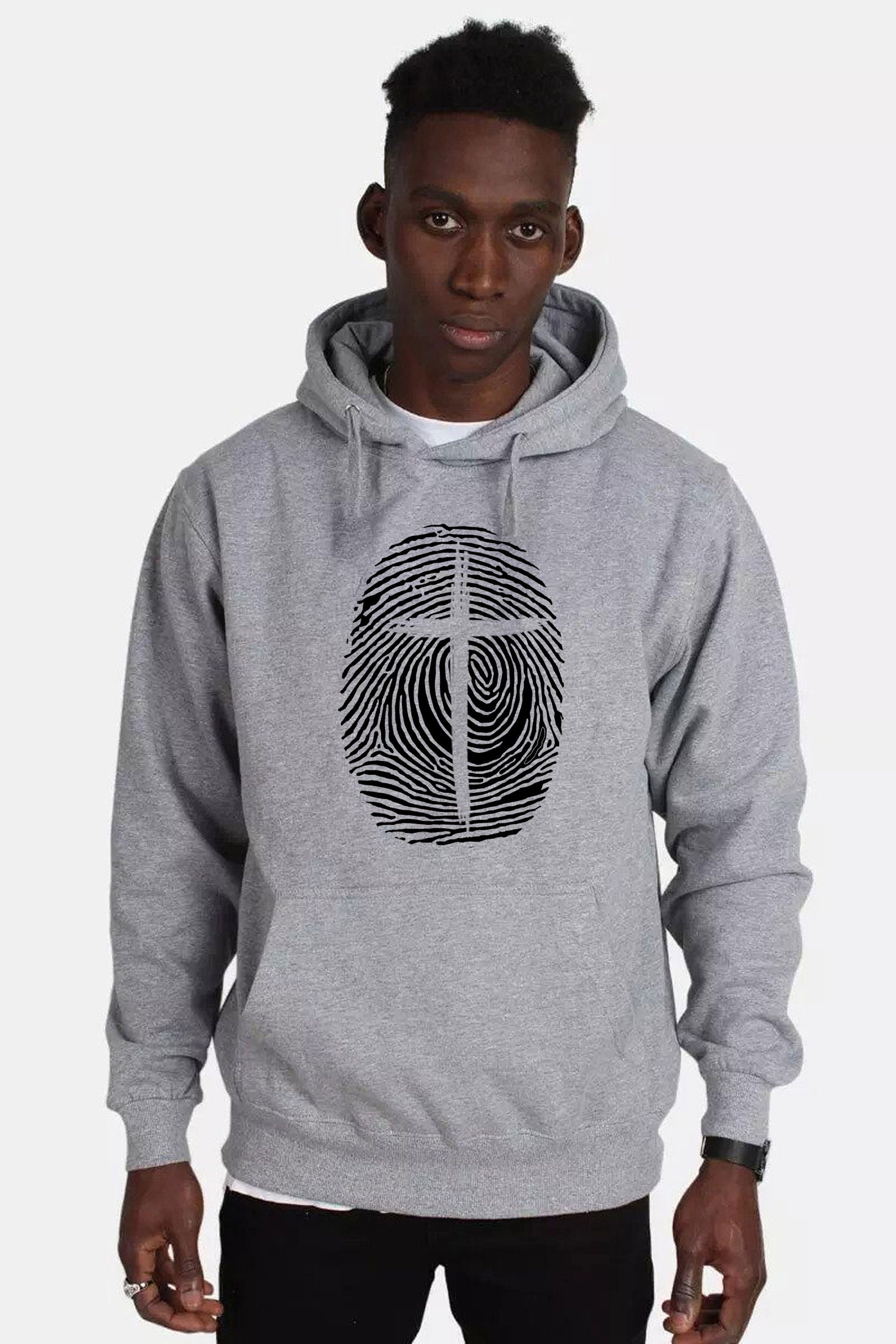 Christian Religion identity Fingerprint Cross Hoodie Hoody Hood Hooded Christmas Gift Xmas Present Top Birthday Mens Unisex Christ