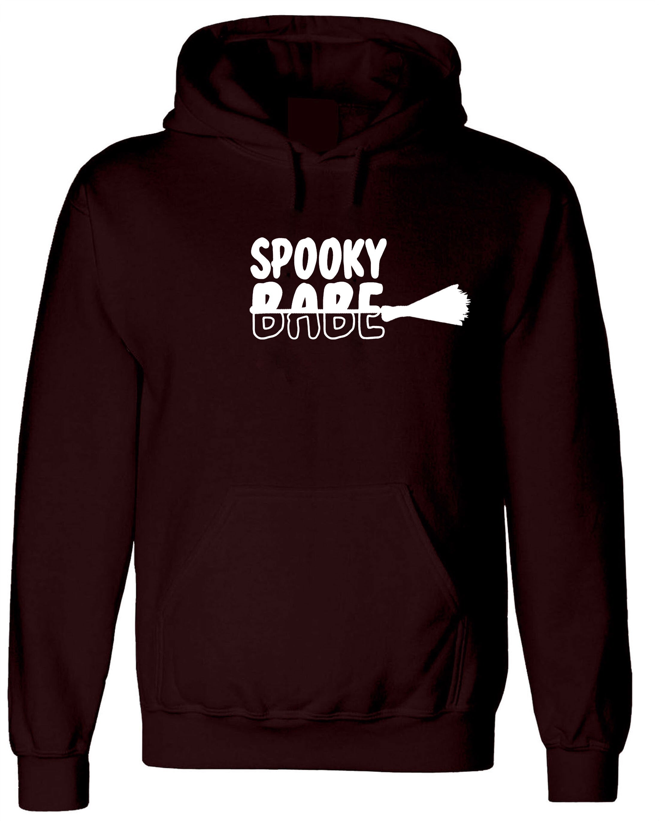 Spooky Babe Funny Halloween Hoodie Hoody Hood Hooded Ladies Unisex Broom Trick Treat Boo Horror Gift for GF Womens Girlfriend