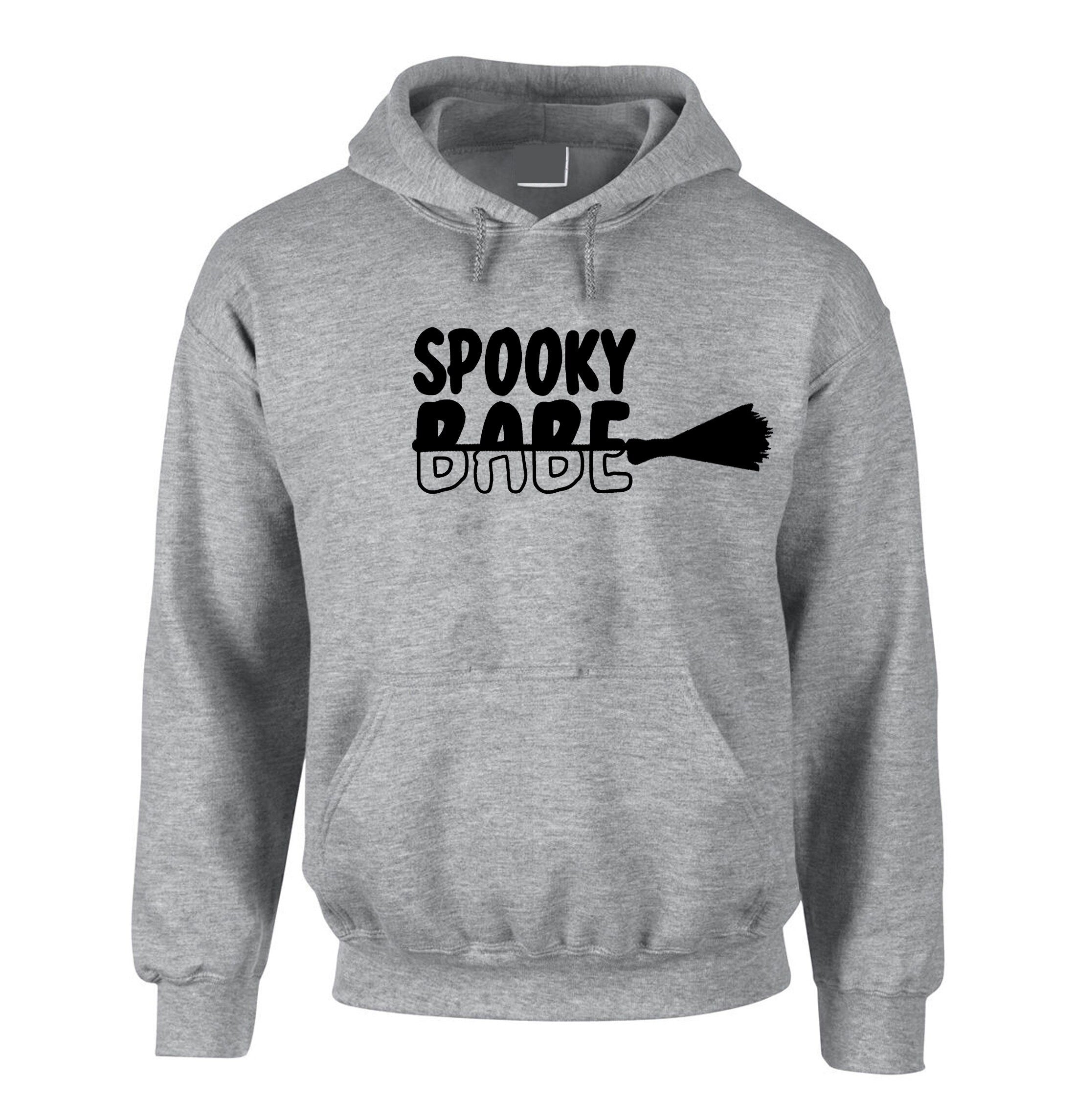 Spooky Babe Funny Halloween Hoodie Hoody Hood Hooded Ladies Unisex Broom Trick Treat Boo Horror Gift for GF Womens Girlfriend