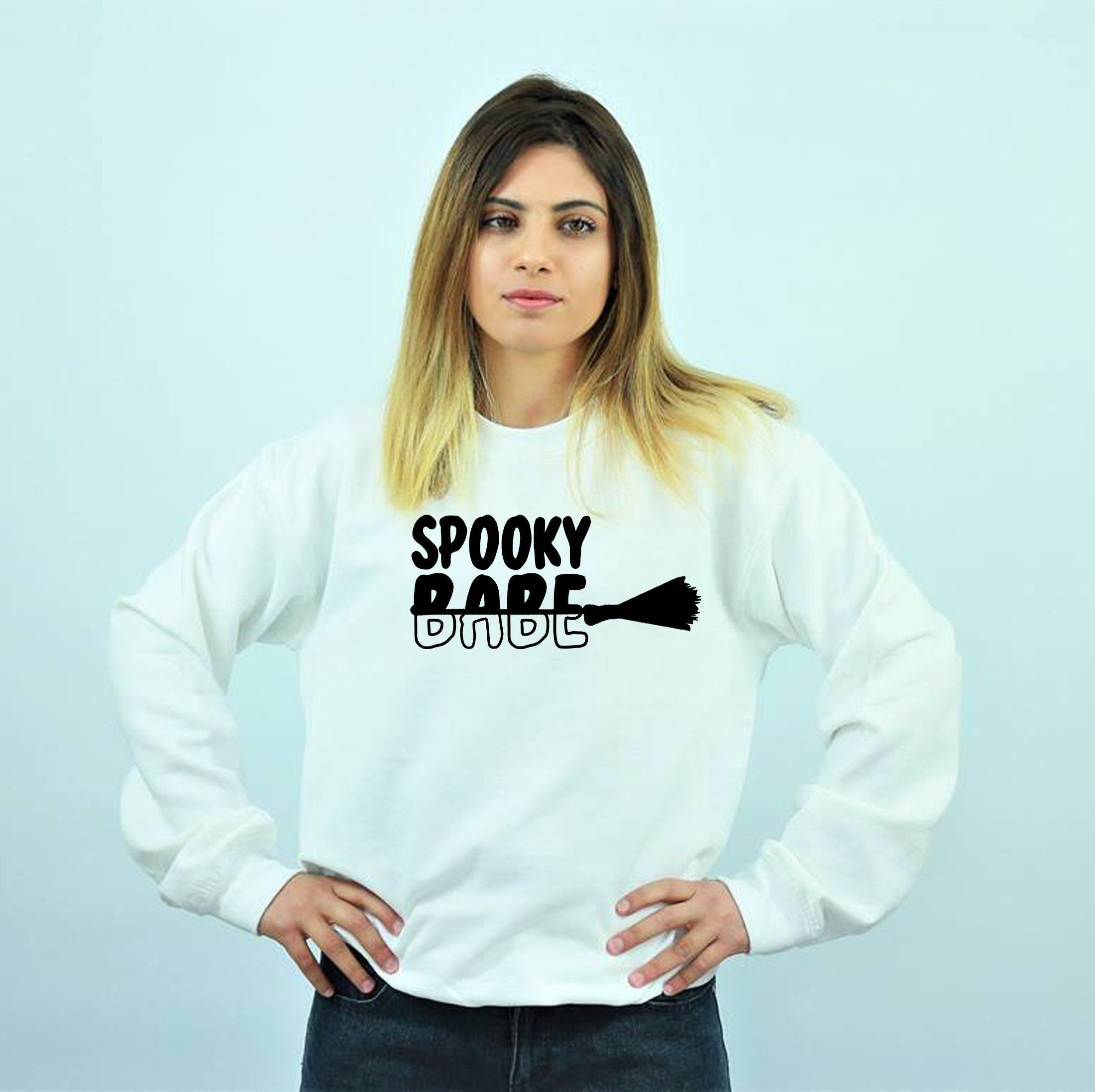 Spooky Babe Funny Halloween Sweatshirt Jumper Sweater Shirt Ladies Unisex Broom Trick Treat Boo Horror Gift for GF Womens Girlfriend