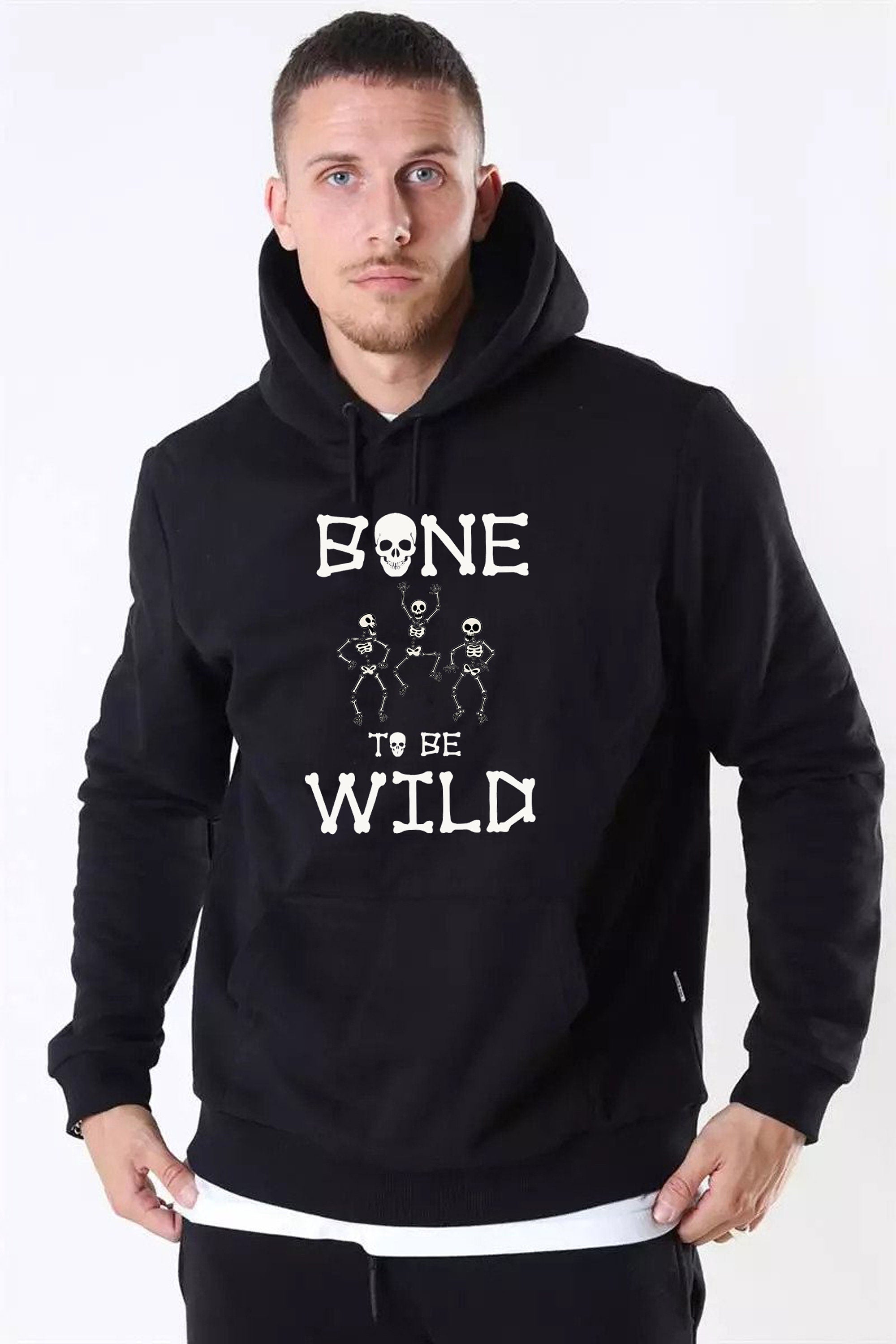 Funny Boo Halloween Hoodie Hoody Hood Hooded Bones Born to be Wild Unisex Scary Horror Top Gift Unisex Ghost Joke Skelton