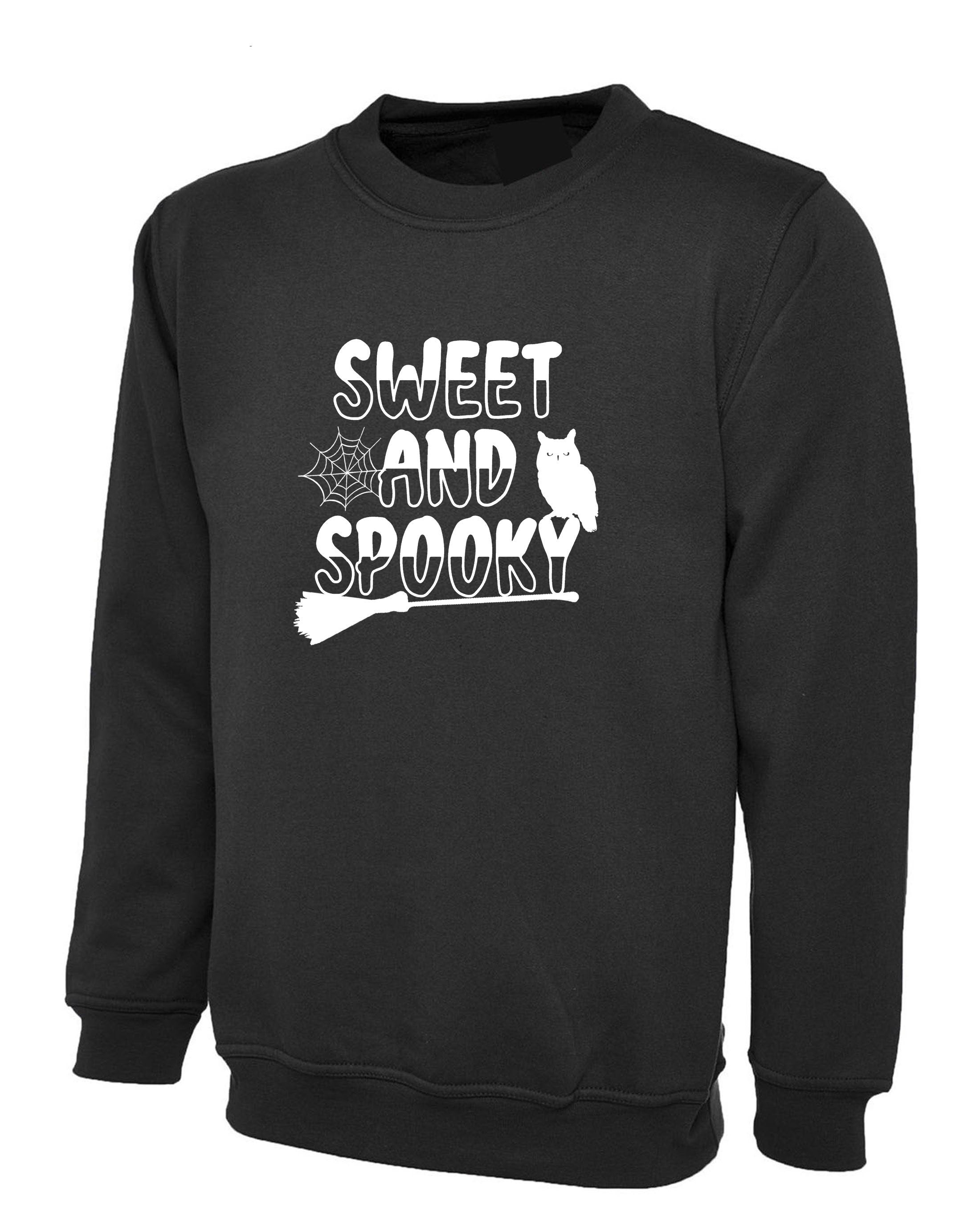 Funny Halloween Sweatshirt Jumper Sweater shirt Sweet and Spooky Ladies Unisex Broom Trick Treat Boo Horror Gift for GF Womens