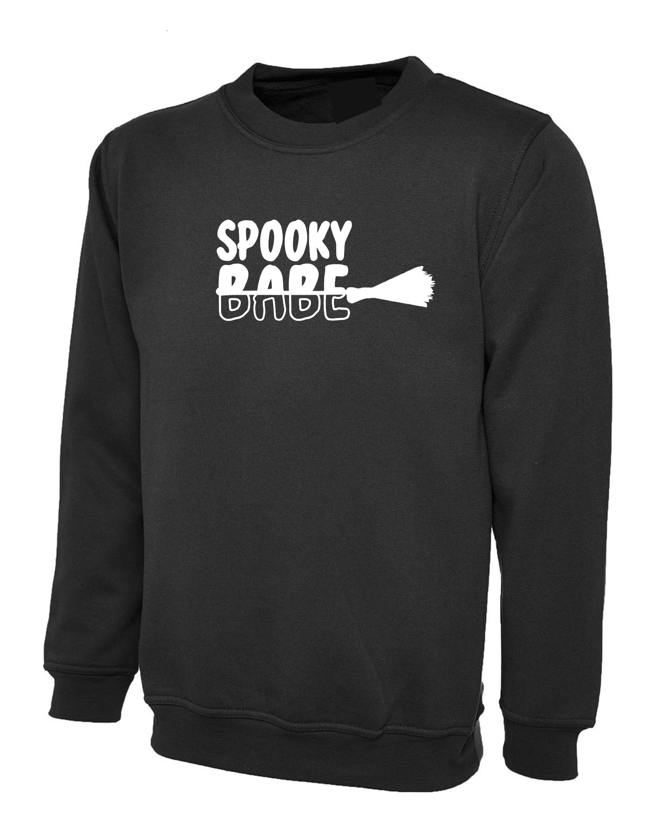 Spooky Babe Funny Halloween Sweatshirt Jumper Sweater Shirt Ladies Unisex Broom Trick Treat Boo Horror Gift for GF Womens Girlfriend