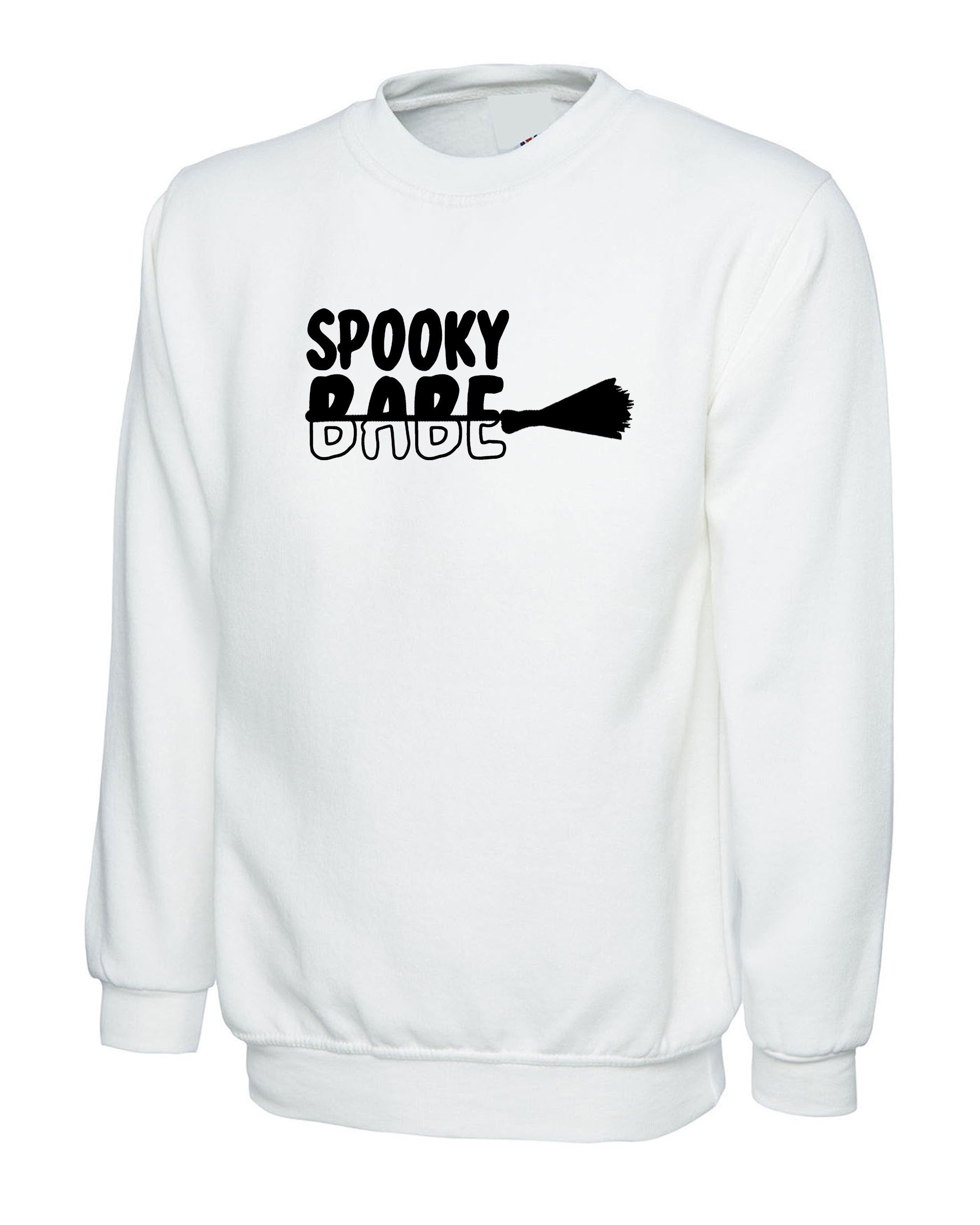 Spooky Babe Funny Halloween Sweatshirt Jumper Sweater Shirt Ladies Unisex Broom Trick Treat Boo Horror Gift for GF Womens Girlfriend