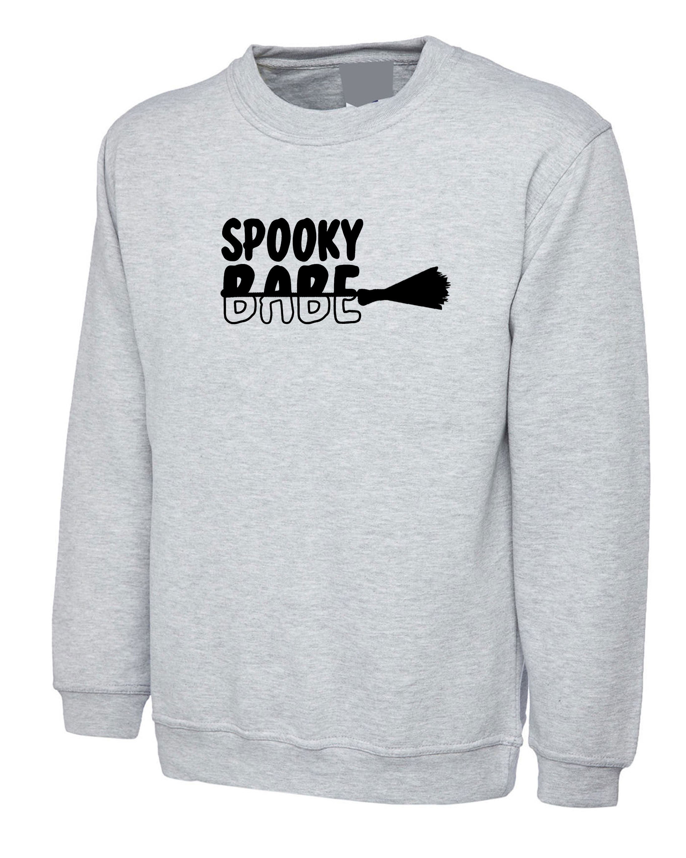 Spooky Babe Funny Halloween Sweatshirt Jumper Sweater Shirt Ladies Unisex Broom Trick Treat Boo Horror Gift for GF Womens Girlfriend