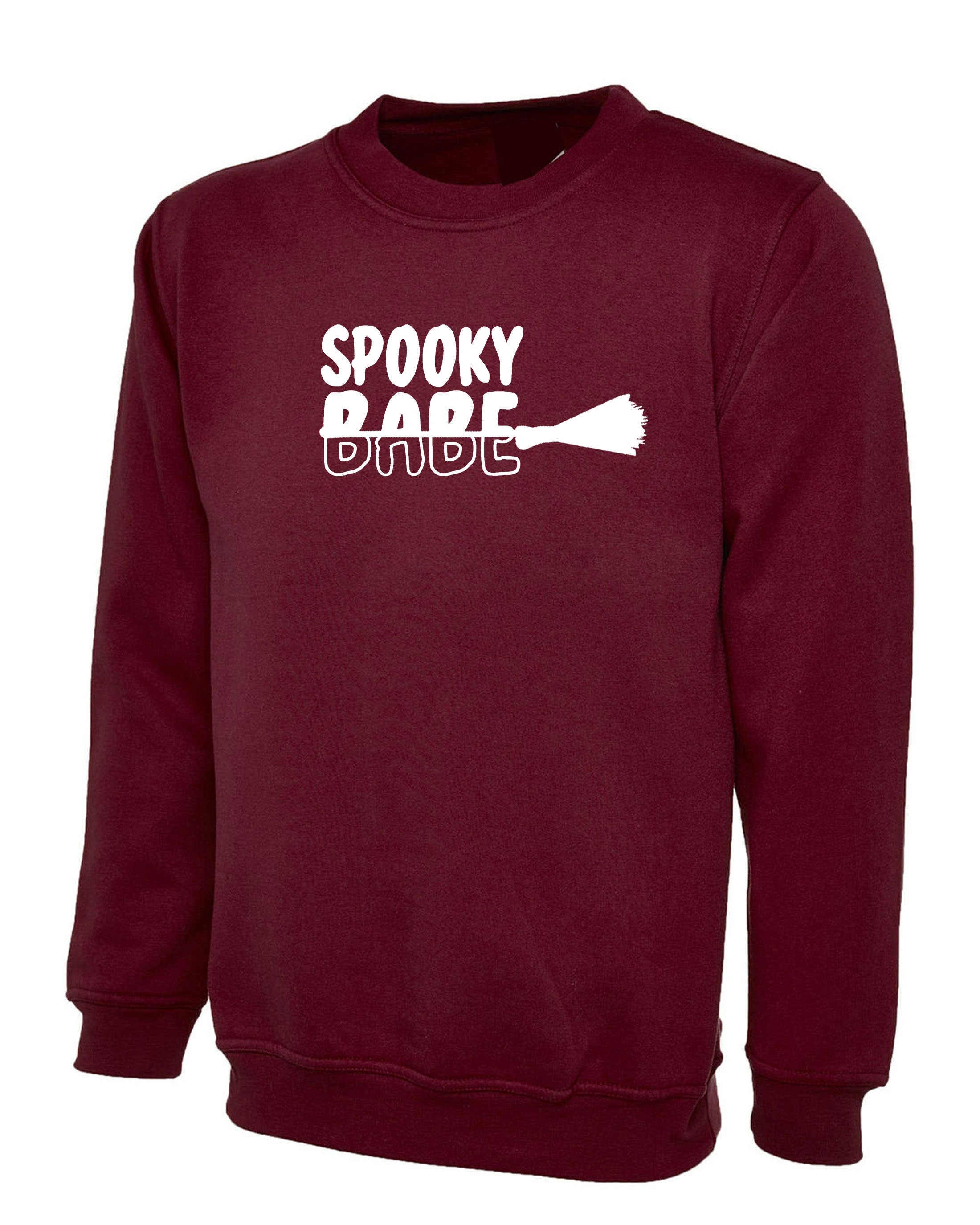 Spooky Babe Funny Halloween Sweatshirt Jumper Sweater Shirt Ladies Unisex Broom Trick Treat Boo Horror Gift for GF Womens Girlfriend