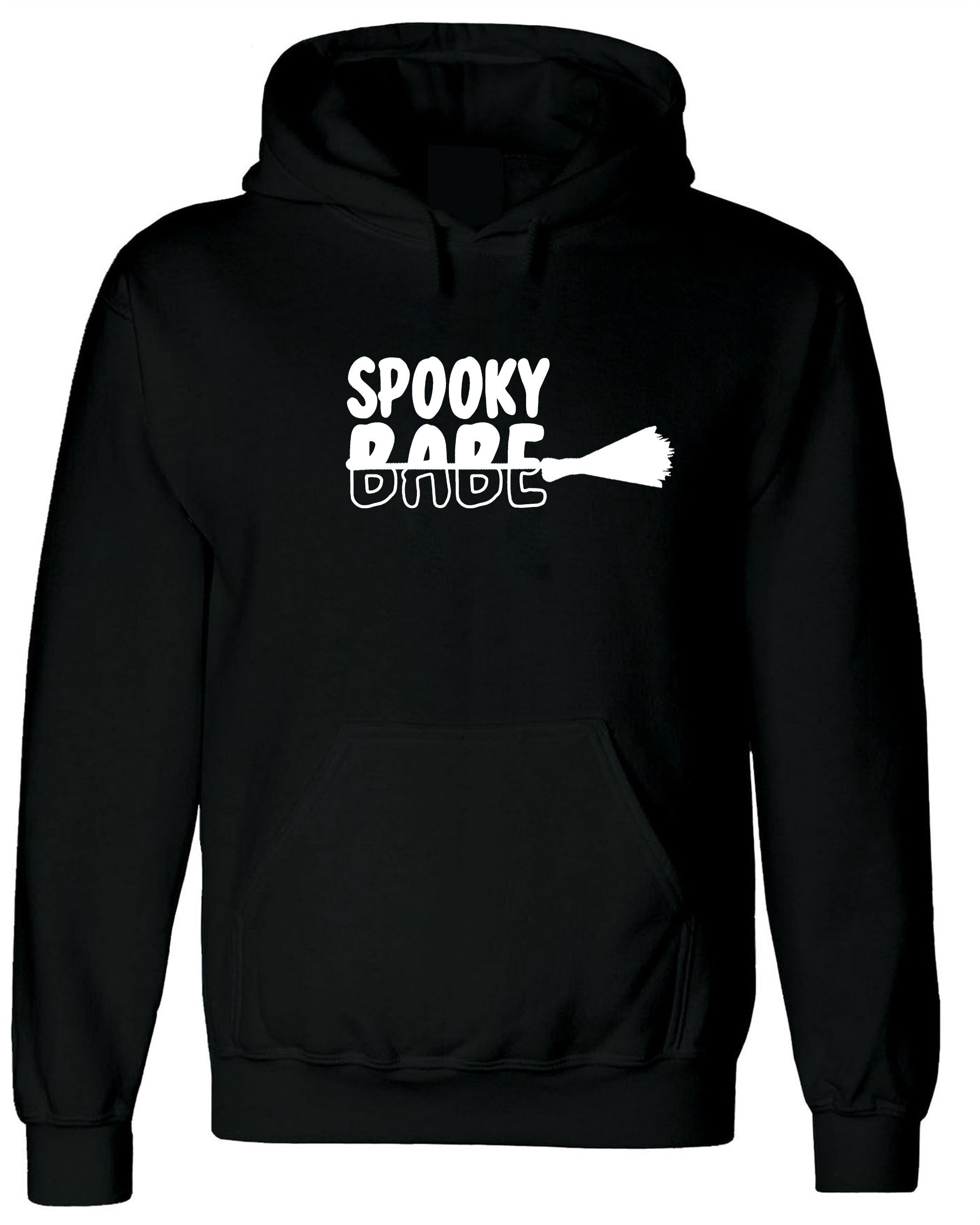 Spooky Babe Funny Halloween Hoodie Hoody Hood Hooded Ladies Unisex Broom Trick Treat Boo Horror Gift for GF Womens Girlfriend